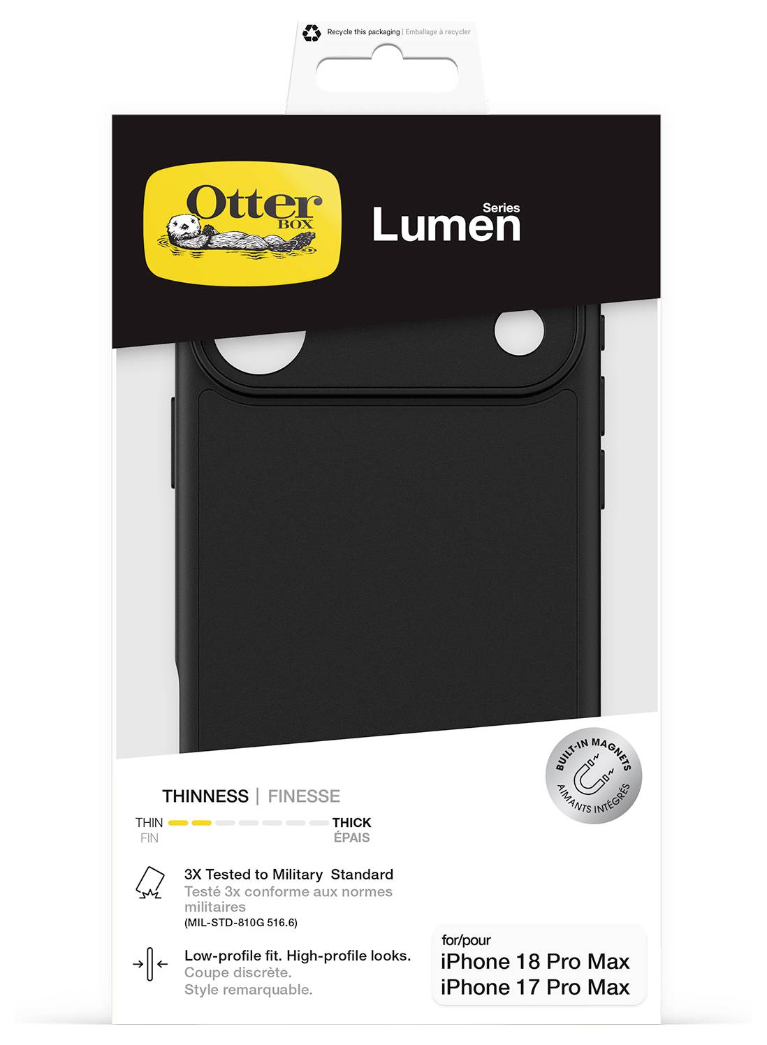 OtterBox Lumen Handyhüllen-Verpackung für iPhone 18 Pro Max und iPhone 17 Pro Max, zeigt eine schwarze schlanke Schutzhülle und die Aufschrift „THINNESS | FINESSE".