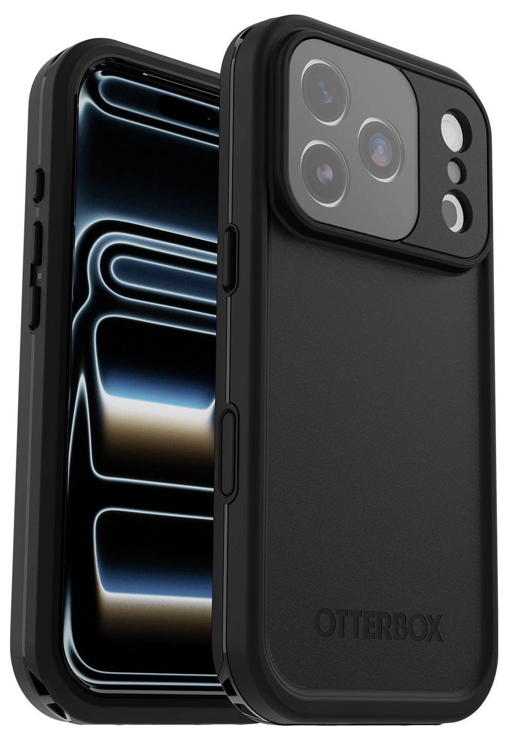 Schwarze OtterBox Schutz-iPhone-Hülle, von vorne und hinten abgebildet, mit erhöhtem Kameraausschnitt und stoßfestem Bumper-Design.