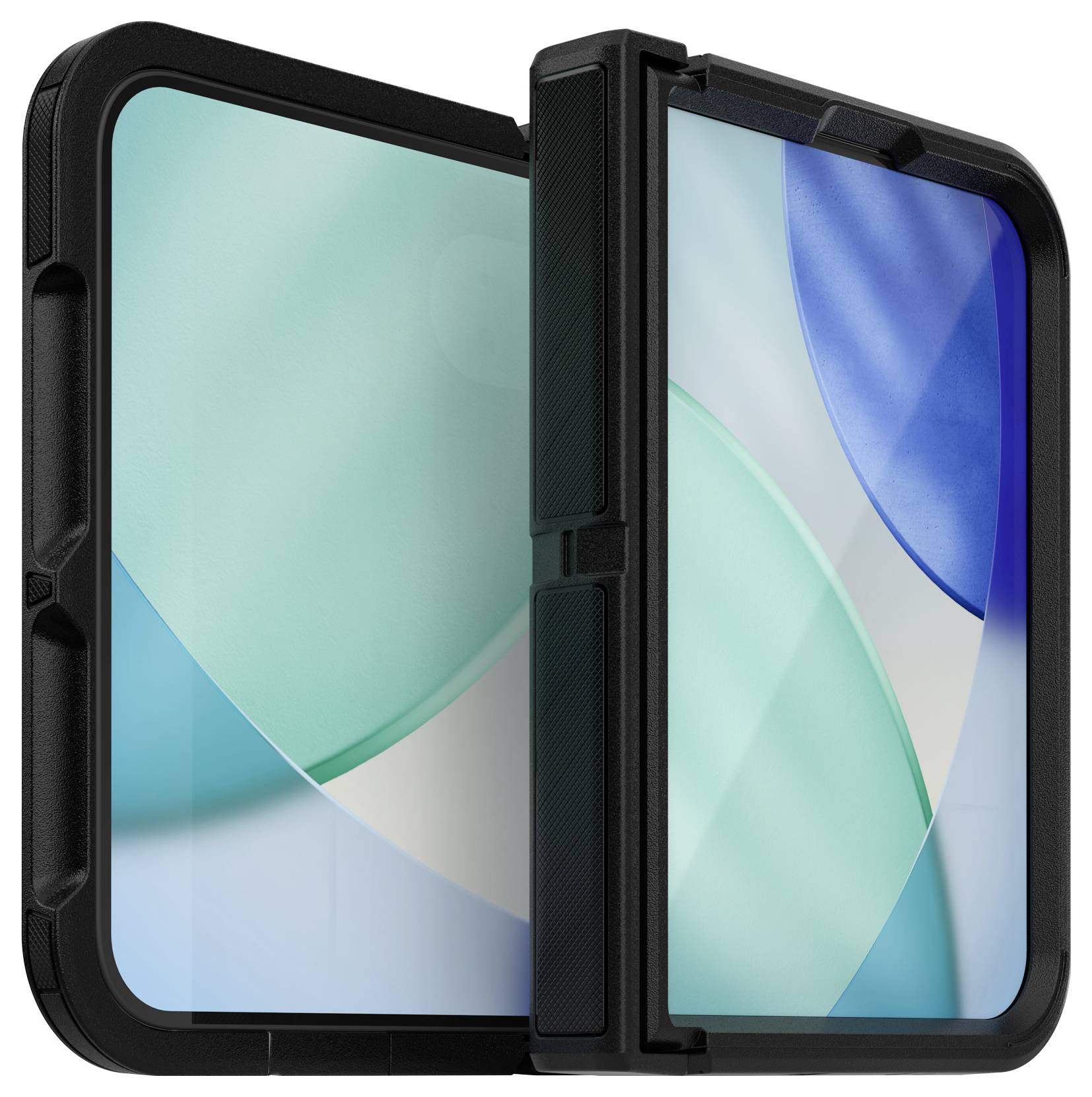 Zwei robuste schwarze Tablet-Schutzhüllen, von vorne und hinten gezeigt, mit Schutzpuffern und klappbaren Umschlägen um ein Display.