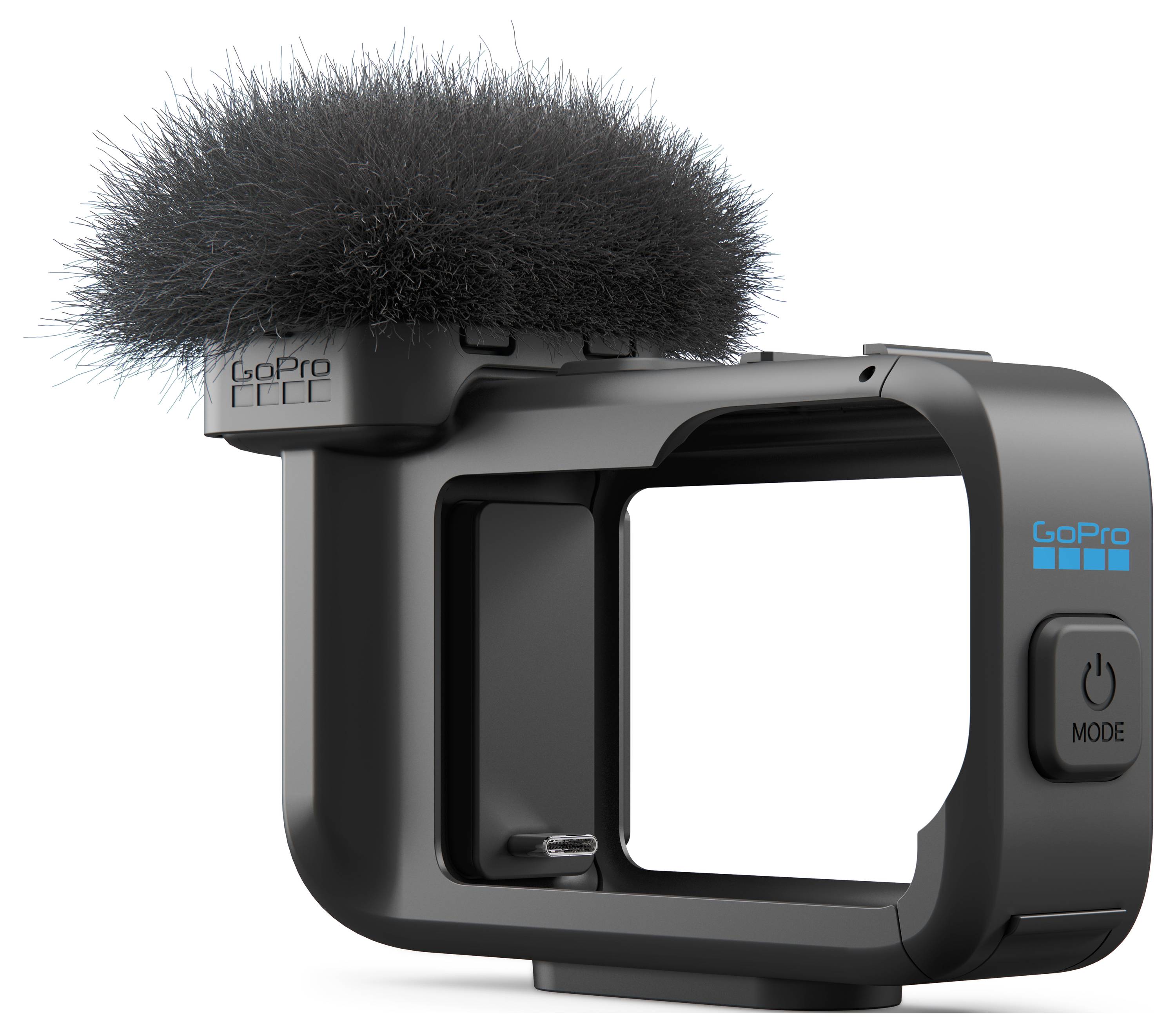 GoPro-Kamera-Rahmen-Zubehör mit integriertem Mikrofon-Windschutz und Modusschaltfläche, dargestellt auf weißem Hintergrund.