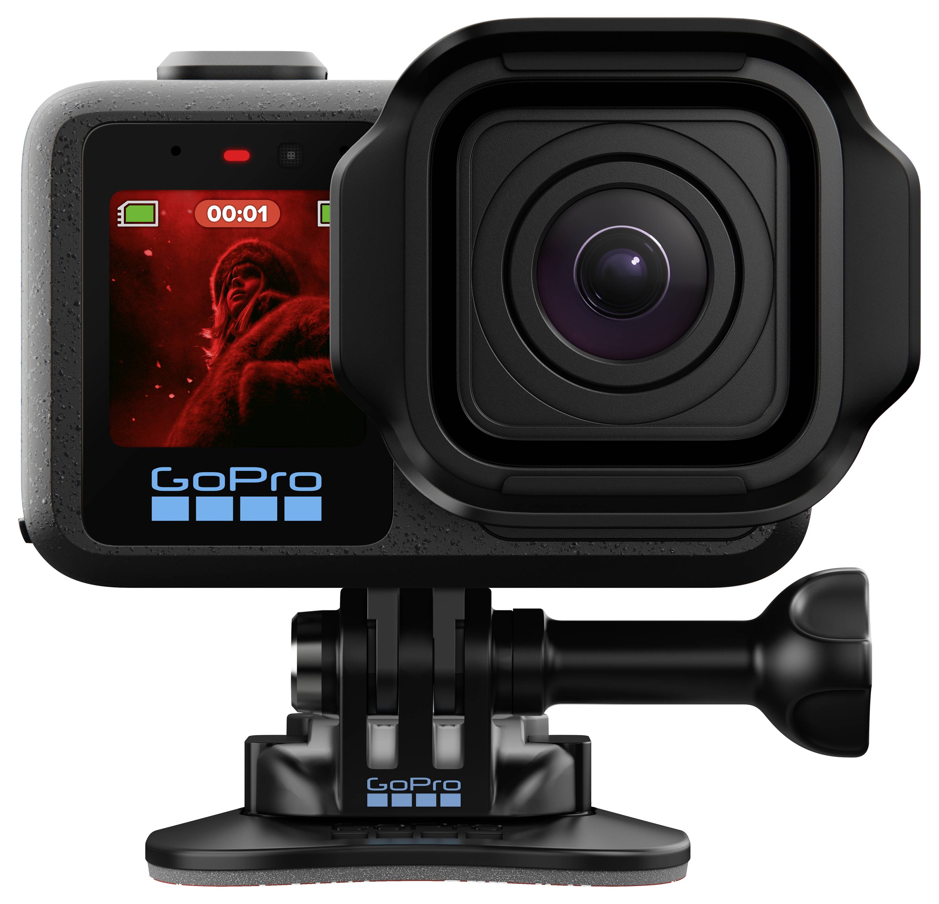Schwarze GoPro-Actionkamera auf einer Montagebasis, zeigt einen Frontbildschirm mit Aufnahmezeit und eine rot beleuchtete Bildanzeige.