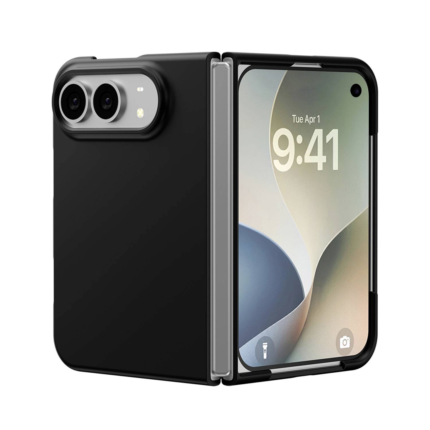 Faltbares Smartphone mit schwarzem Schutzetui, aufgeklappt mit eingeschaltetem Bildschirm und sichtbaren dualen Rückkameras.