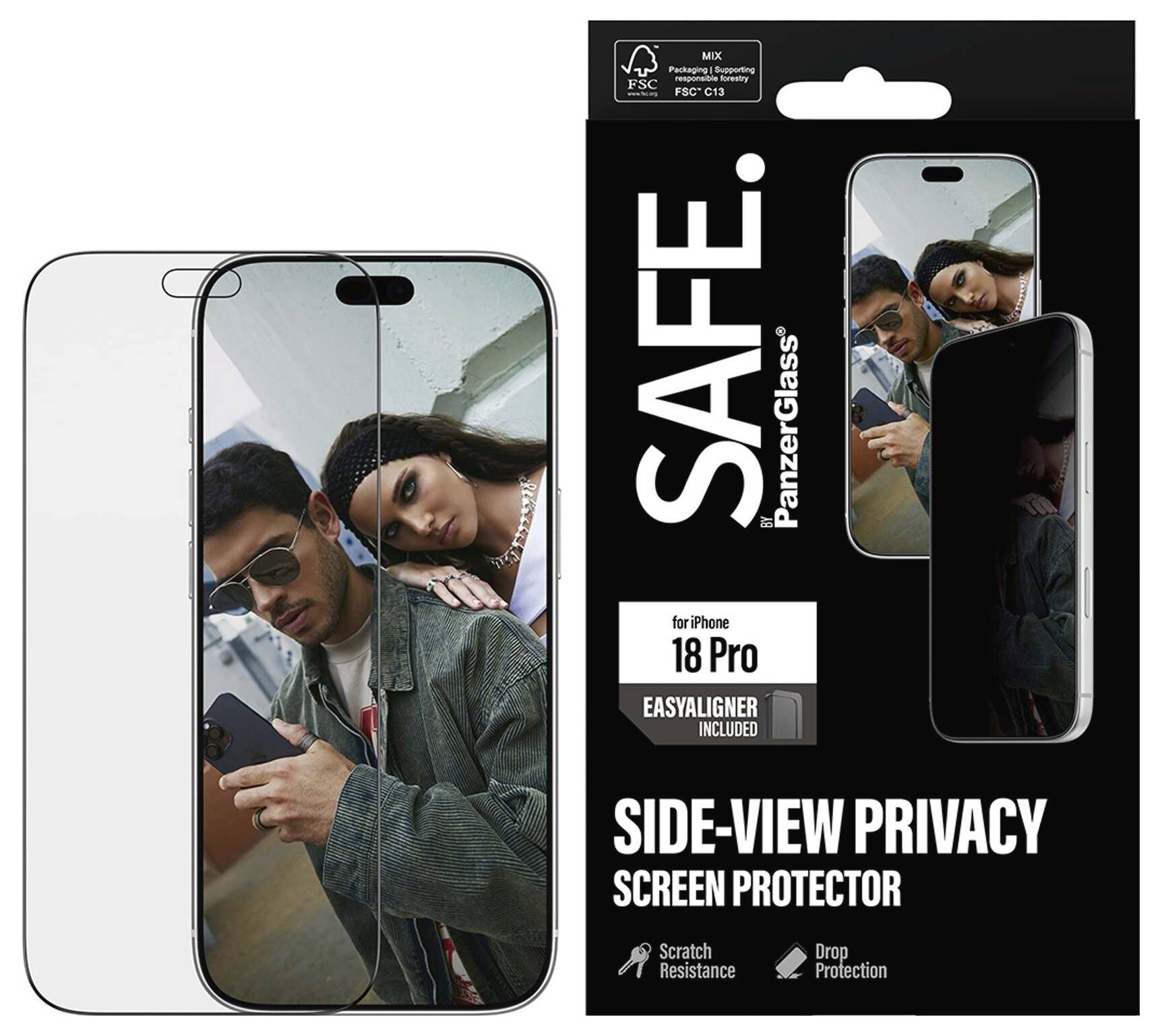 Verpackung für SAFE. PanzerGlass Seitensicht-Datenschutzschutzfolie für iPhone 18 Pro, zeigt den getönten Bildschirm, der die Ansicht von der Seite begrenzt, und enthält EasyAligner.