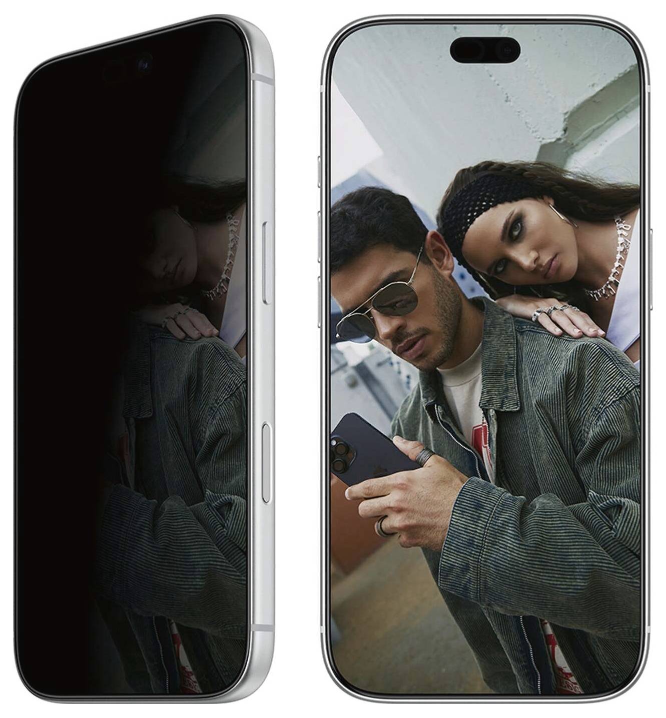 Zwei Smartphones von vorne und hinten gezeigt, auf dem beleuchteten Bildschirm ein Selbstporträt eines Paares als Hintergrund angezeigt und auf dem anderen ein dunkler reflektierender Bildschirm.