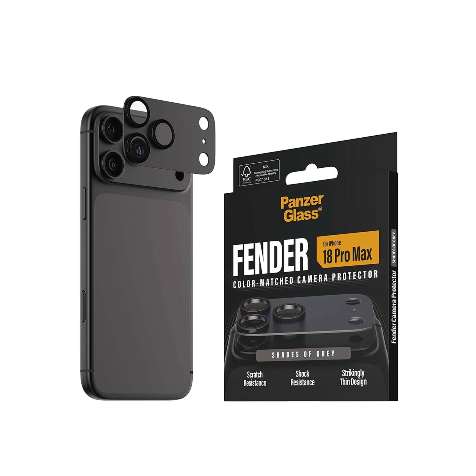 PanzerGlass Fender farblich abgestimmter Kameraschutz für iPhone 18 Pro Max, gezeigt auf einem Telefon und einer Produktverpackung.