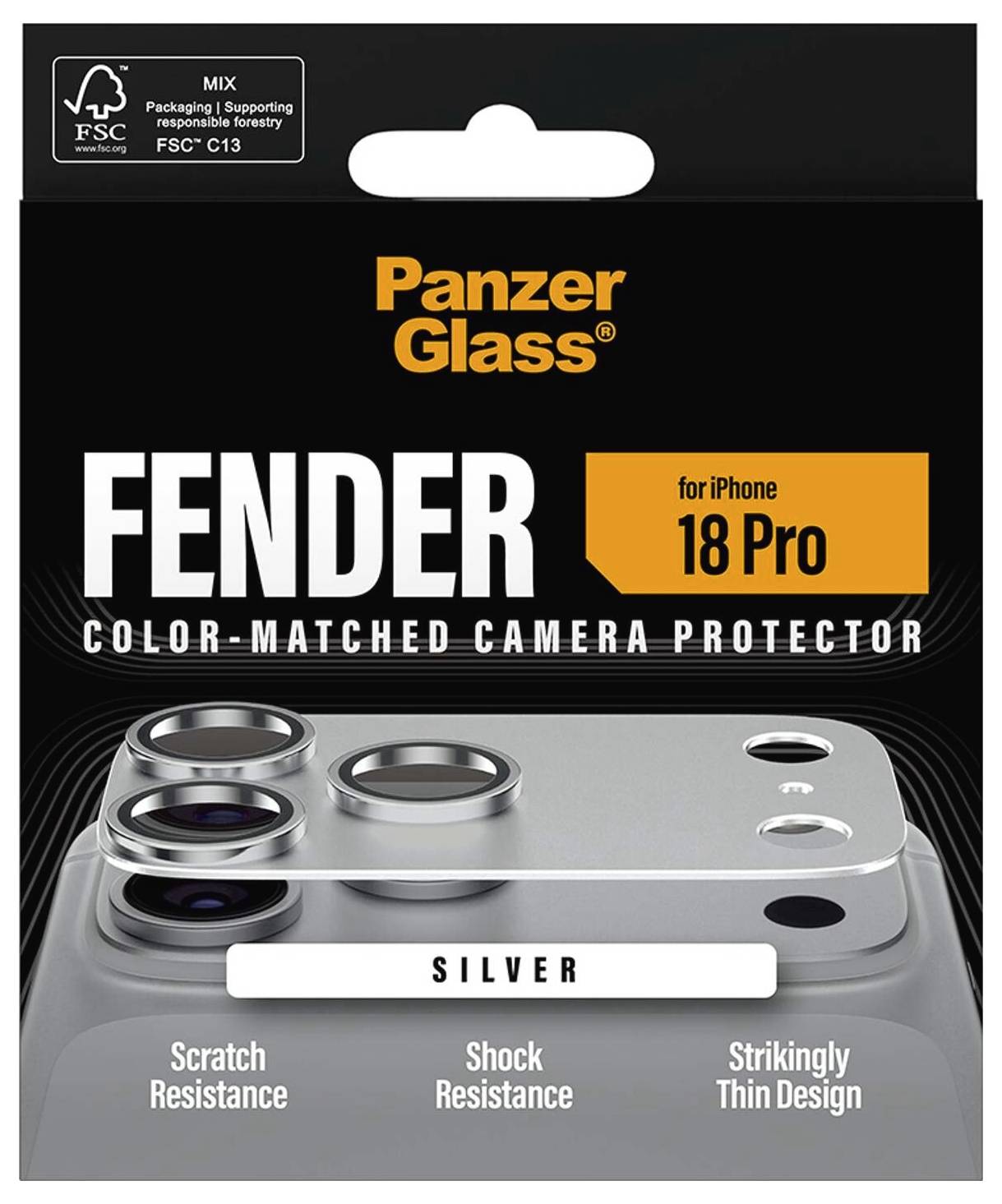 PanzerGlass Fender Kameraschutz für iPhone 18 Pro in Silber, mit Kratzerresistenz, Stoßresistenz und dünnem Design.