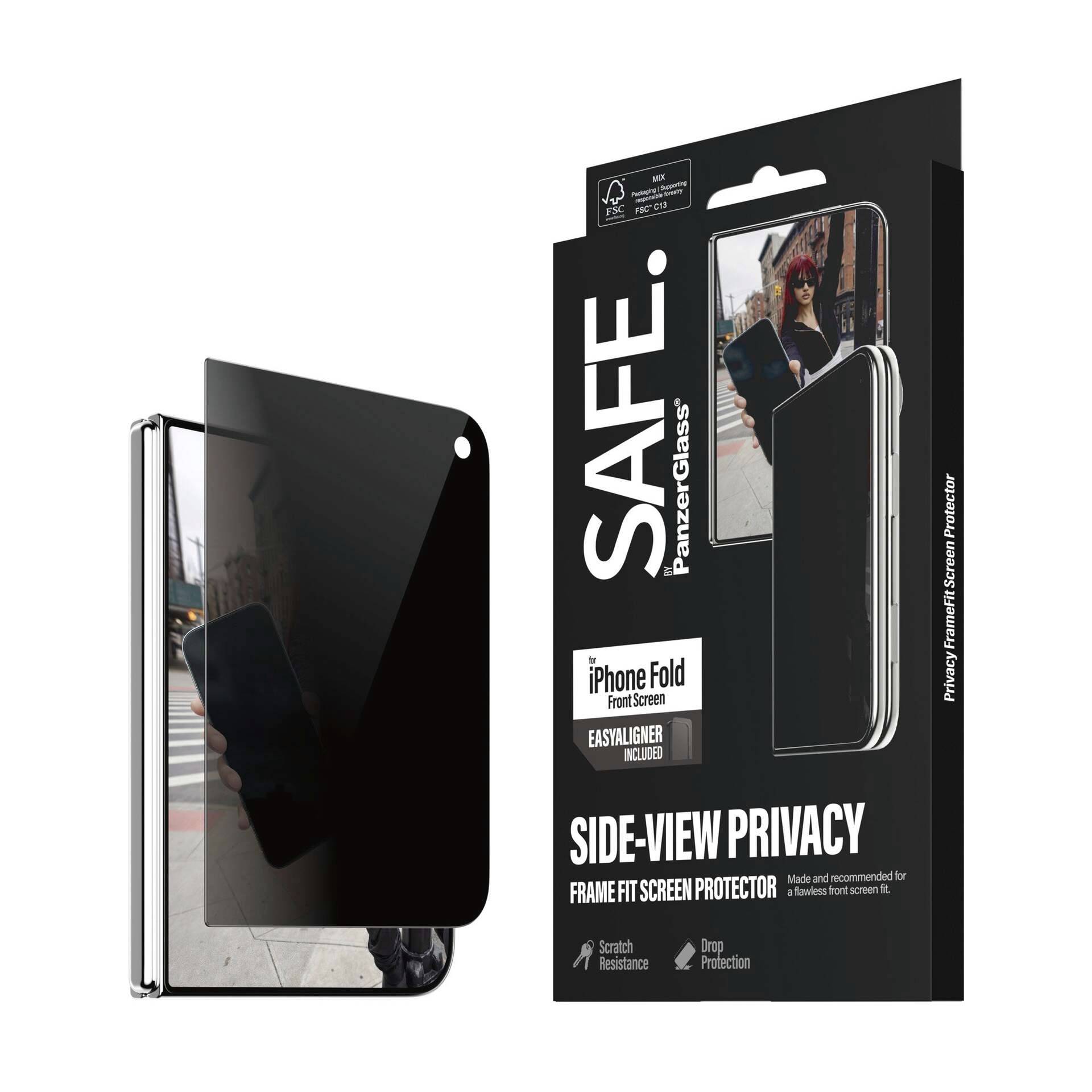 iPhone Fold Datenschutz-Displayschutzfolie in der Verpackung und ein schwarzer glänzender Displayschutz daneben gezeigt, beschriftet mit "SAFE" und "SIDE-VIEW PRIVACY".