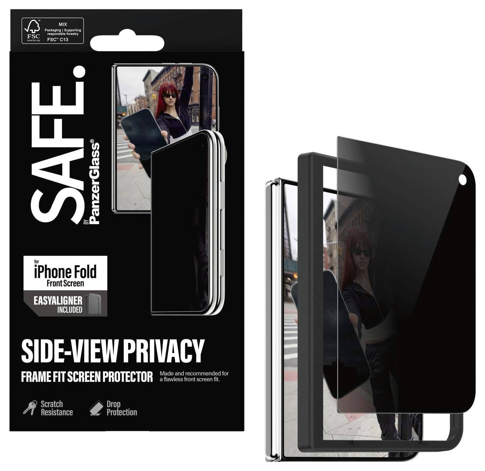 Verpackung für den Seitenschutz-Displayschutzfolien von „SAFE" PanzerGlass für iPhone Fold, mit Glas und verdunkeltem Bildschirm, der die Sichtbarkeit von der Seite blockiert.