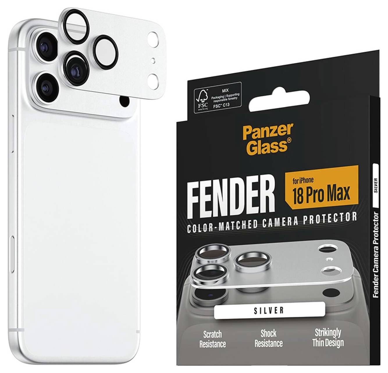 Silbernes iPhone 18 Pro Max mit farblich abgestimmtem Kameraschutz, gezeigt neben der PanzerGlass Fender-Produktverpackung mit der Beschriftung „FENDER" und „SILVER".