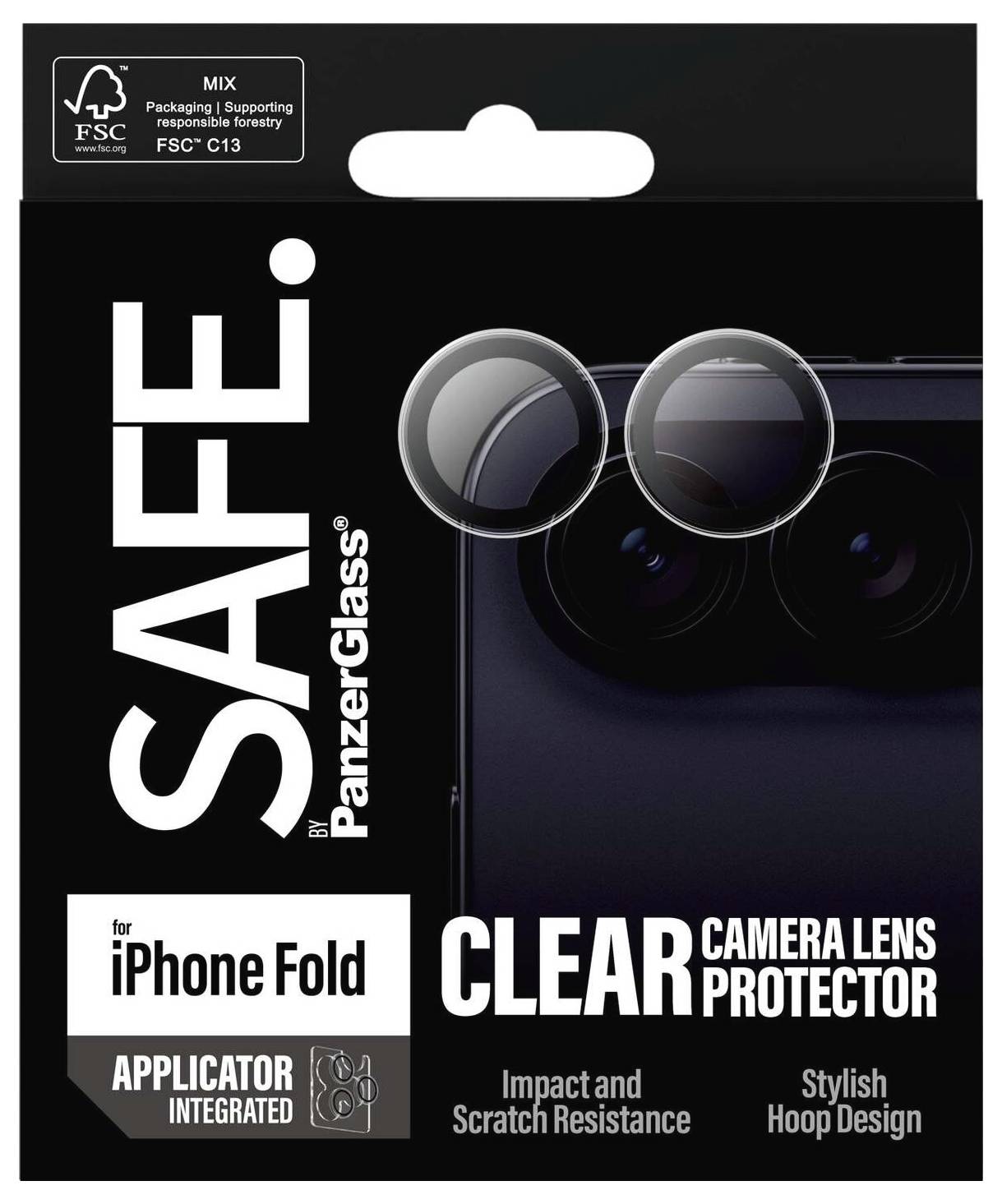 Verpackung für SAFE von PanzerGlass Kameralinsenschutzer für iPhone Fold, mit zwei transparenten Linsenschützern und Text: 'TRANSPARENTER KAMERALLINSENSCHUTZER' und 'APPLIKATOR INTEGRIERT'.