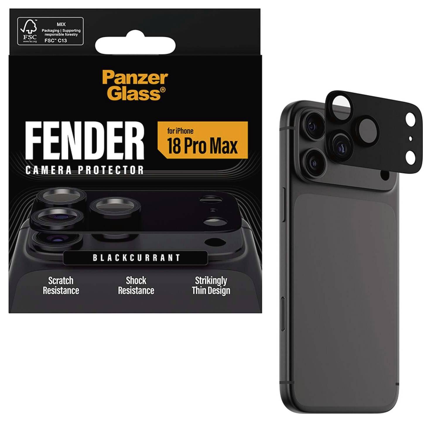 PanzerGlass Fender-Kameraschutz für iPhone 18 Pro Max in Schwarzkirsche, abgebildet auf der Verpackung und über den hinteren Kameras des Telefons angebracht, wobei die Kratzer- und Stoßfestigkeit hervorgehoben wird.