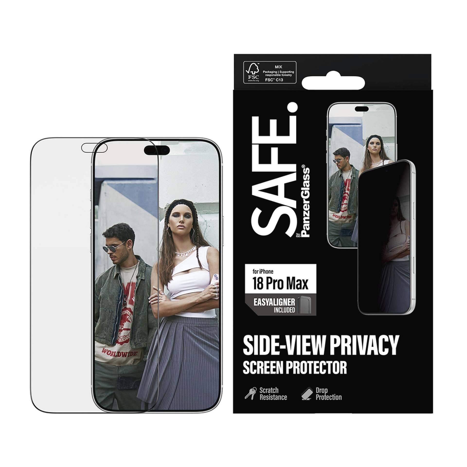 Verpackung für "SAFE" PanzerGlass Seitensicht-Datenschutzschutzfolie für iPhone 18 Pro Max, mit einer Telefon-Mockup und "easyaligner enthalten" Etikett.
