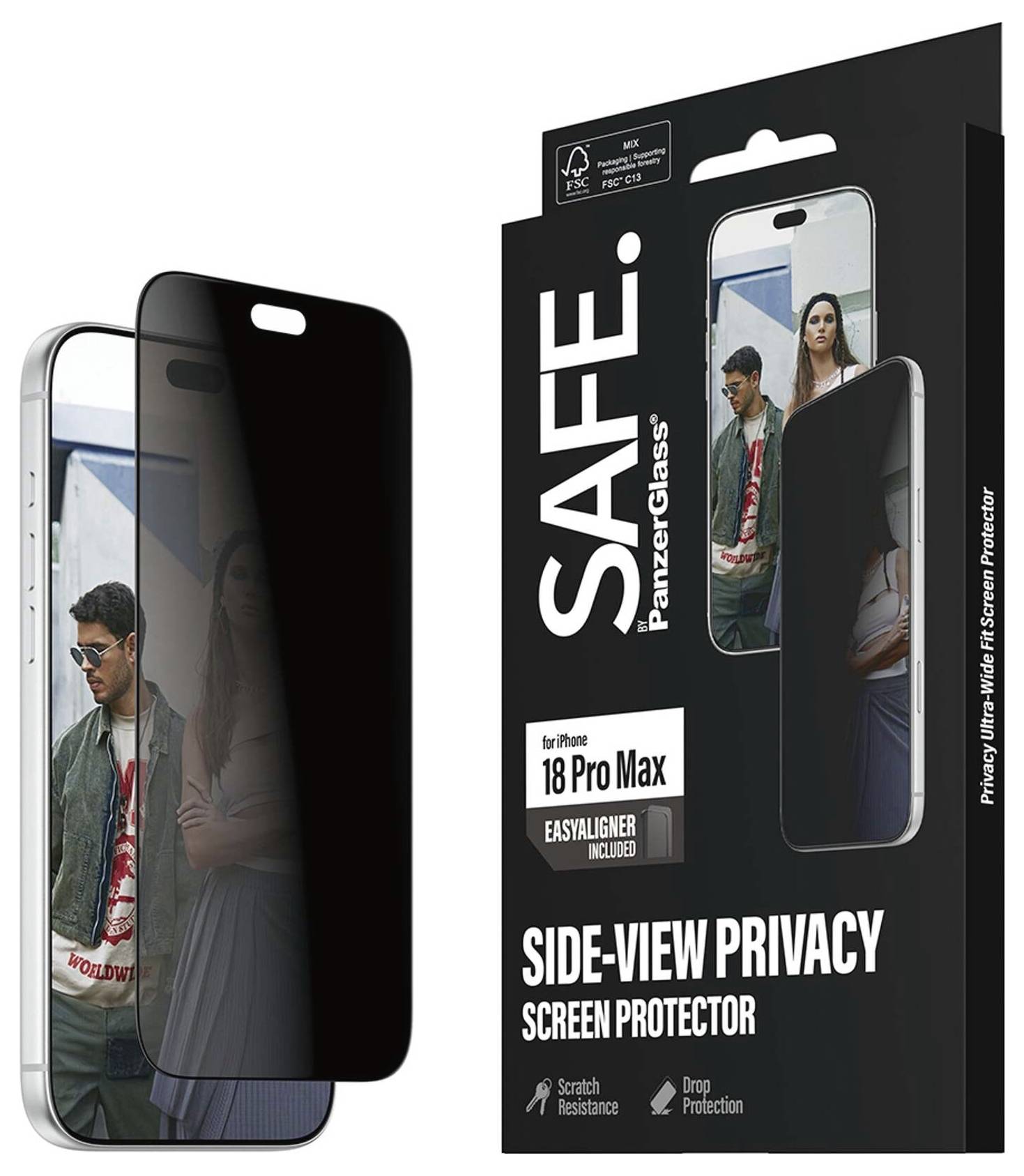 Produktbild eines SAFE. von PanzerGlass Seitenansicht-Displayschutz für iPhone 18 Pro Max, das einen dunkel getönten Datenschutzbildschirm und eine Produktverpackung zeigt.