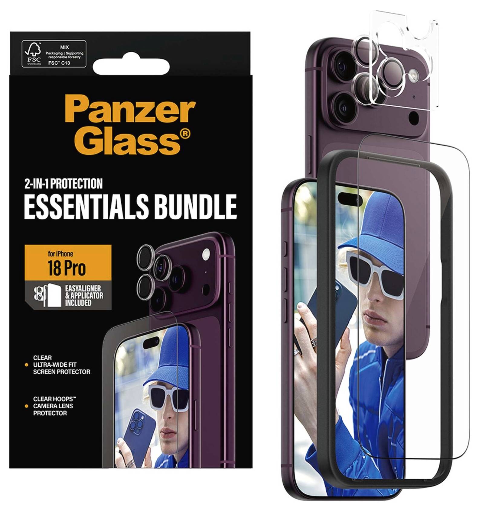 PanzerGlass Essentials Bundle für iPhone 18 Pro, mit Displayschutzfolie und Kameralinsen-Schutzfolie mit Verpackung und Telefon-Mockup.