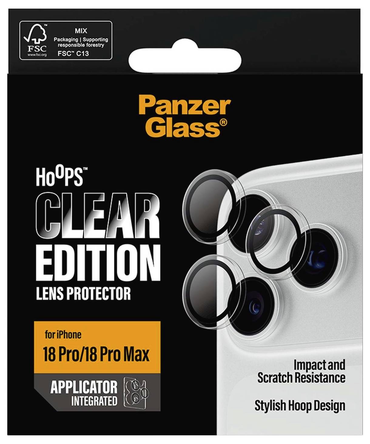 Verpackung für PanzerGlass HoOps Clear Edition Objektivschutz für iPhone 18 Pro/18 Pro Max, mit integriertem Applikator, Kratzerbeständigkeit und Stoßschutz.