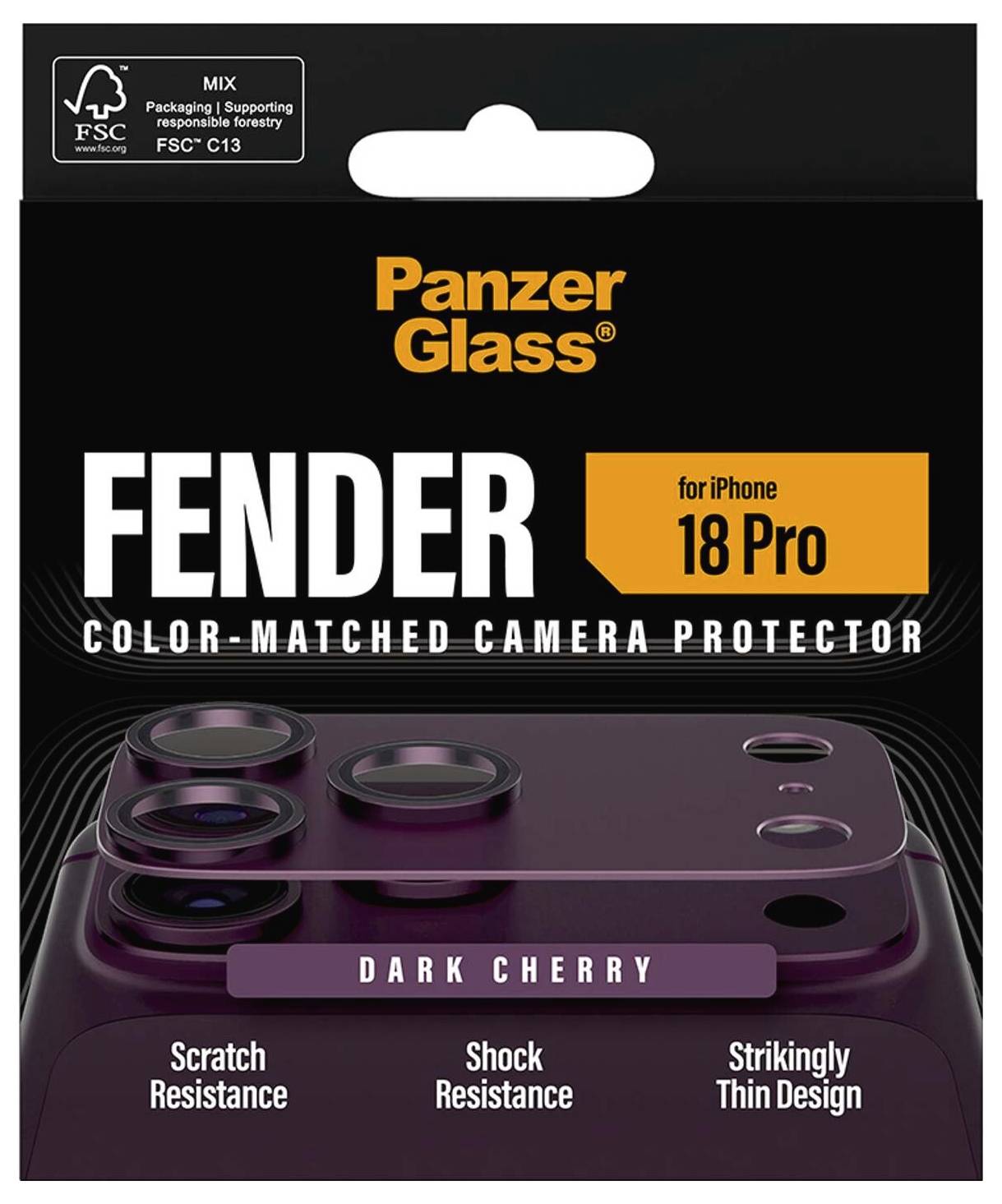 PanzerGlass Fender Farblich abgestimmter Kameraschutz für iPhone 18 Pro in Dunkelkirsche, mit Hervorhebung von Kratzerbeständigkeit, Stoßbeständigkeit und schlankem Design.