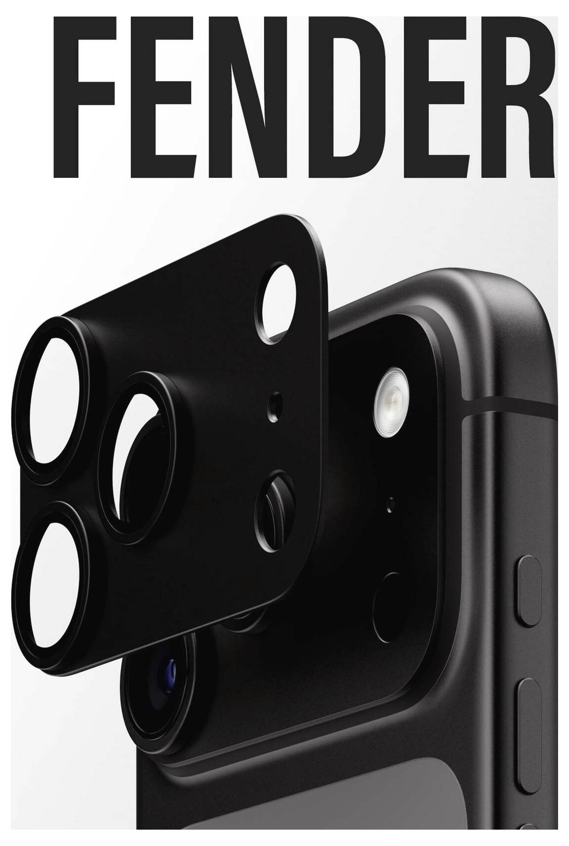 Werbegrafik eines Smartphone-Kamera-Zubehörs mit der Bezeichnung „FENDER", das ein schwarzes Multi-Objektiv-Kameramodul zeigt, das auf der Rückseite eines Telefons angebracht ist.