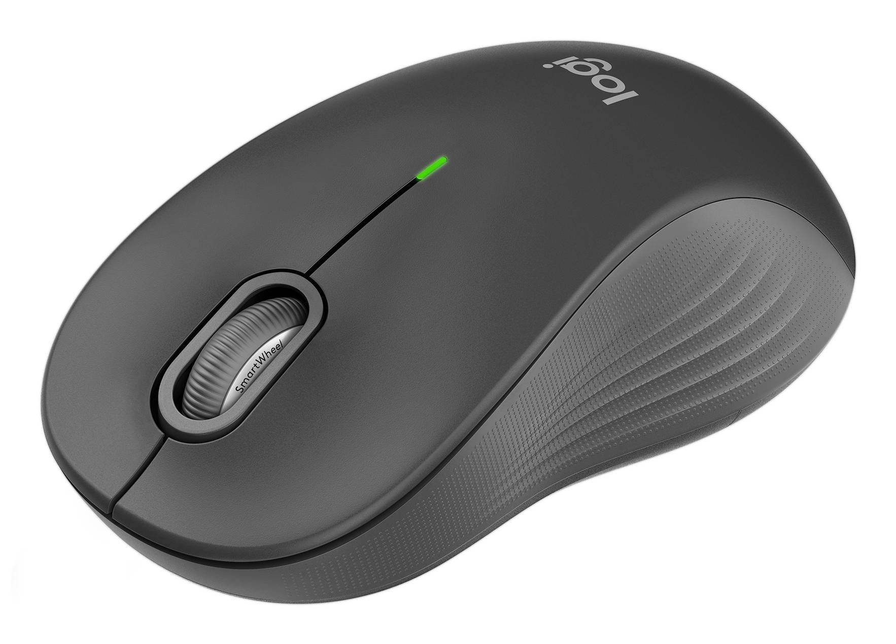 Schwarze kabellose Logitech-Computermaus mit grüner Anzeigenleuchte und silbernem Scrollrad, auf weißem Hintergrund dargestellt