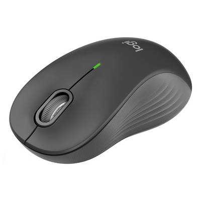 Schwarze kabellose Logitech-Computermaus mit grüner Anzeigenleuchte und silbernem Scrollrad, auf weißem Hintergrund dargestellt