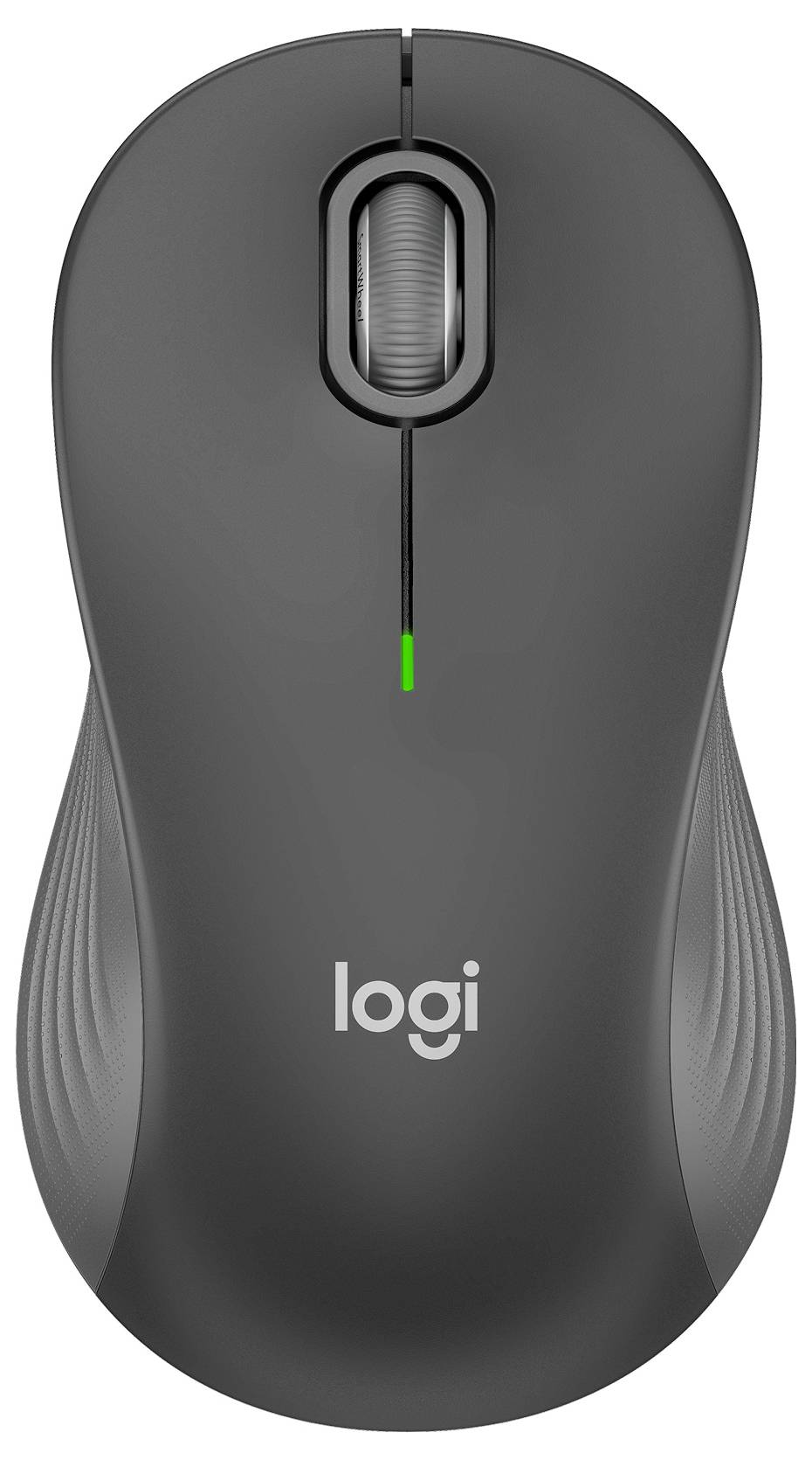 Schwarze Logi-Computermaus mit Scrollrad und einer kleinen grünen Kontrollleuchte.