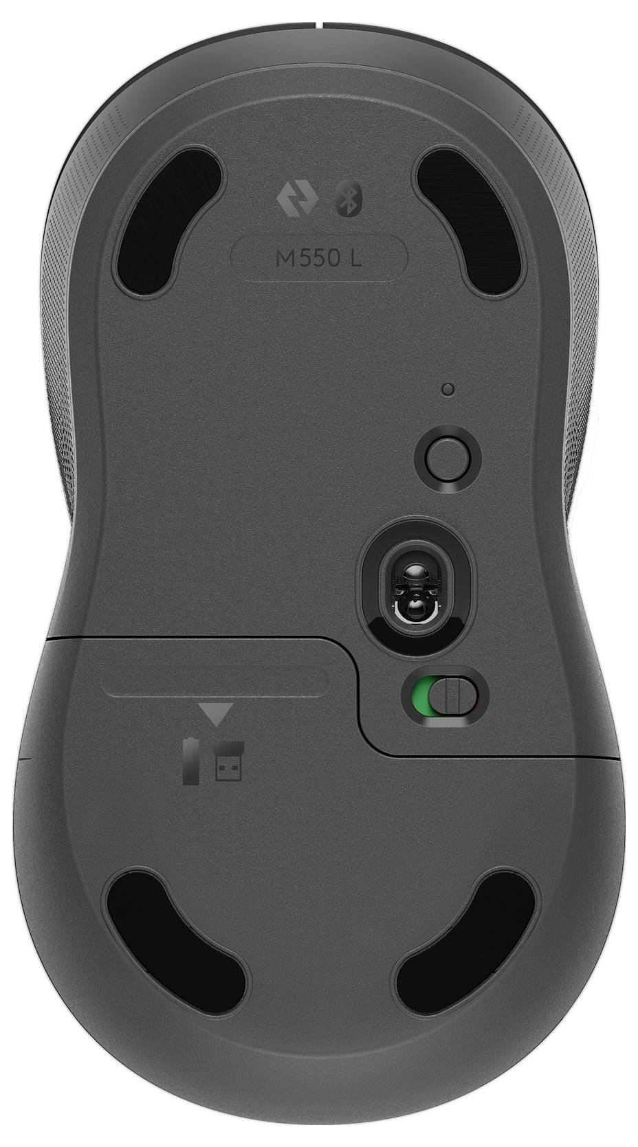 Unterseite einer Logitech M550 L kabellosen Maus mit ihrem Sensor, Schalter und Batteriegehäuse.