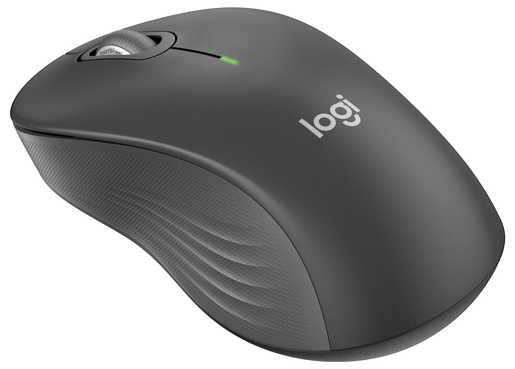 Schwarze kabellose Logitech-Maus mit Scrollrad und ergonomischen Seitengriffen auf weißem Hintergrund.