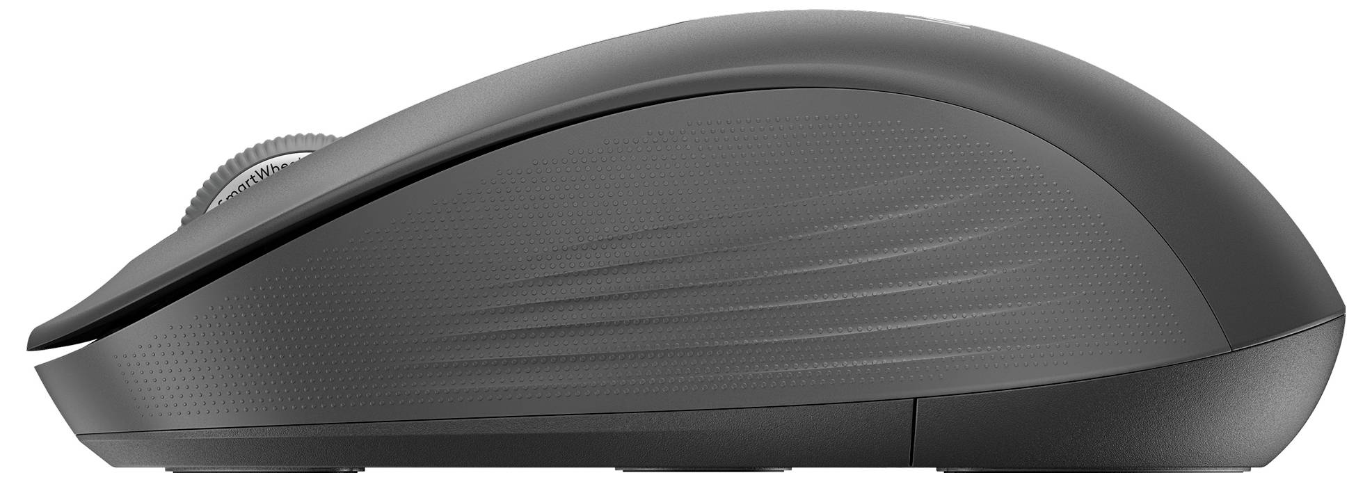 Seitenansicht einer schwarzen kabellosen Computermaus mit schlankem, geschwungenem Design und strukturierter Oberflächenbeschaffenheit.