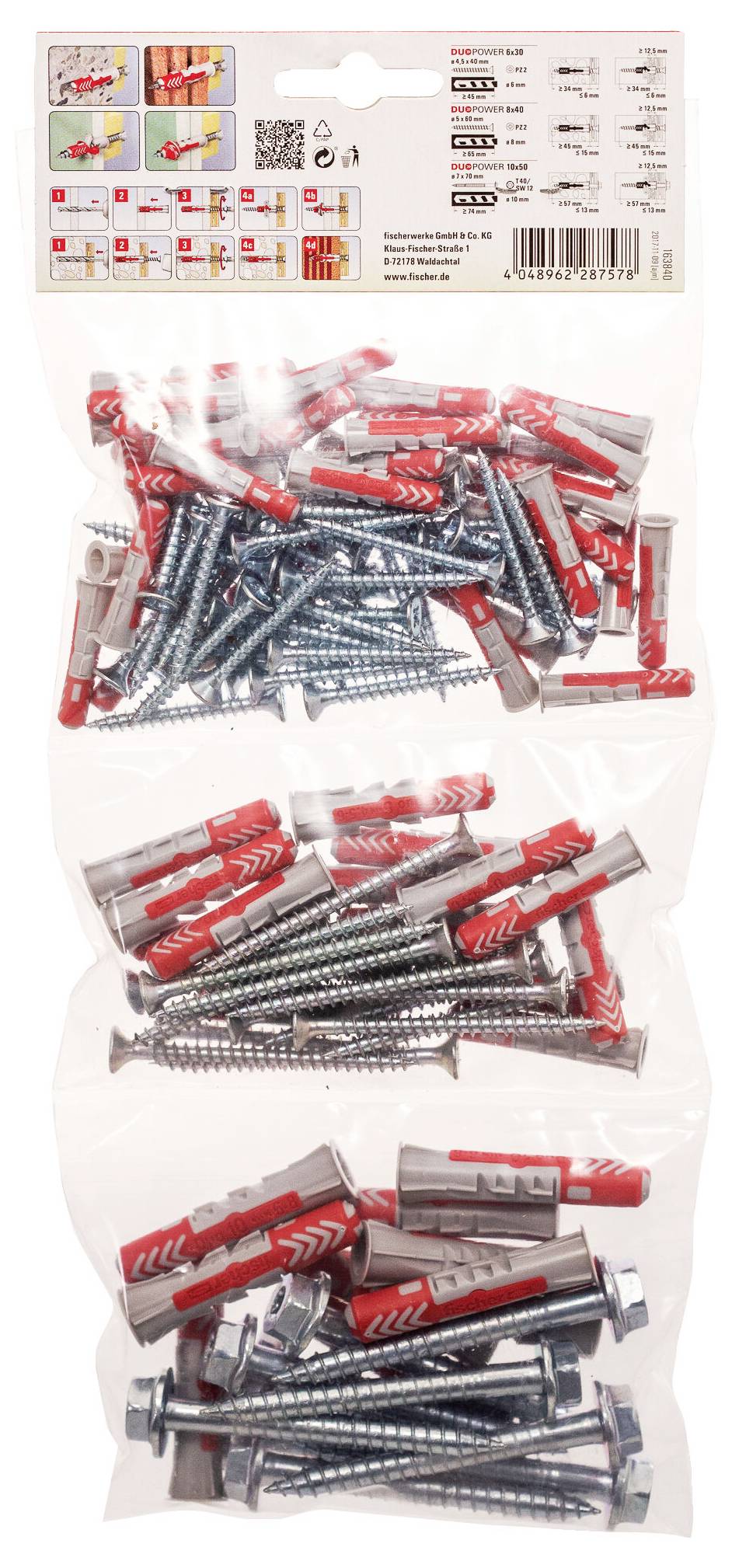 Verschiedene Schrauben und Wanddübel in drei durchsichtigen Plastikbeuteln mit einem Anweisungsetikett oben, das Installationsdiagramme und Produktdetails zeigt.