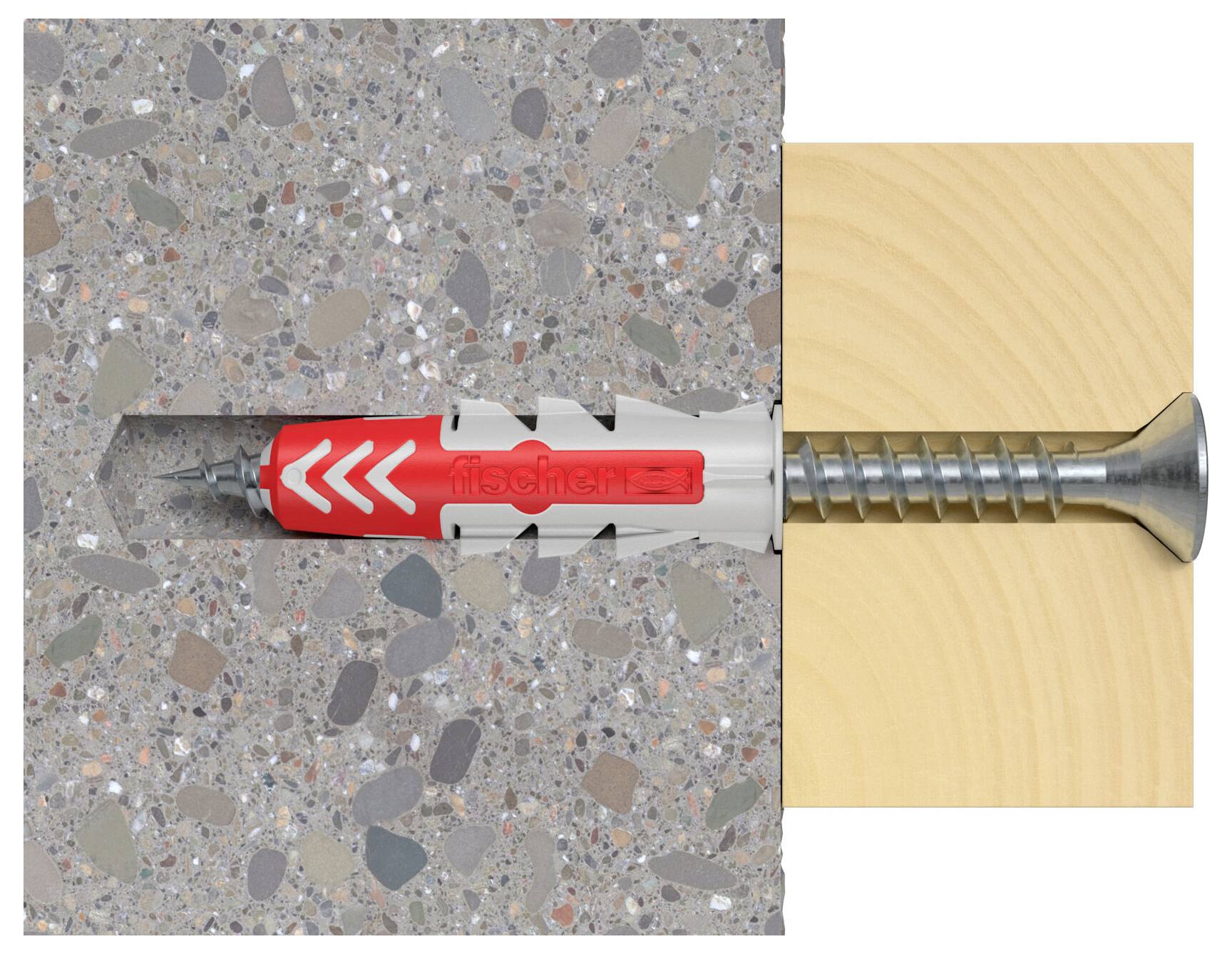 Illustration einer Wandsteckdose und Spreizdübel, der sich durch Beton in Holz sichert und zeigt, wie die Befestigung beide Materialien hält.