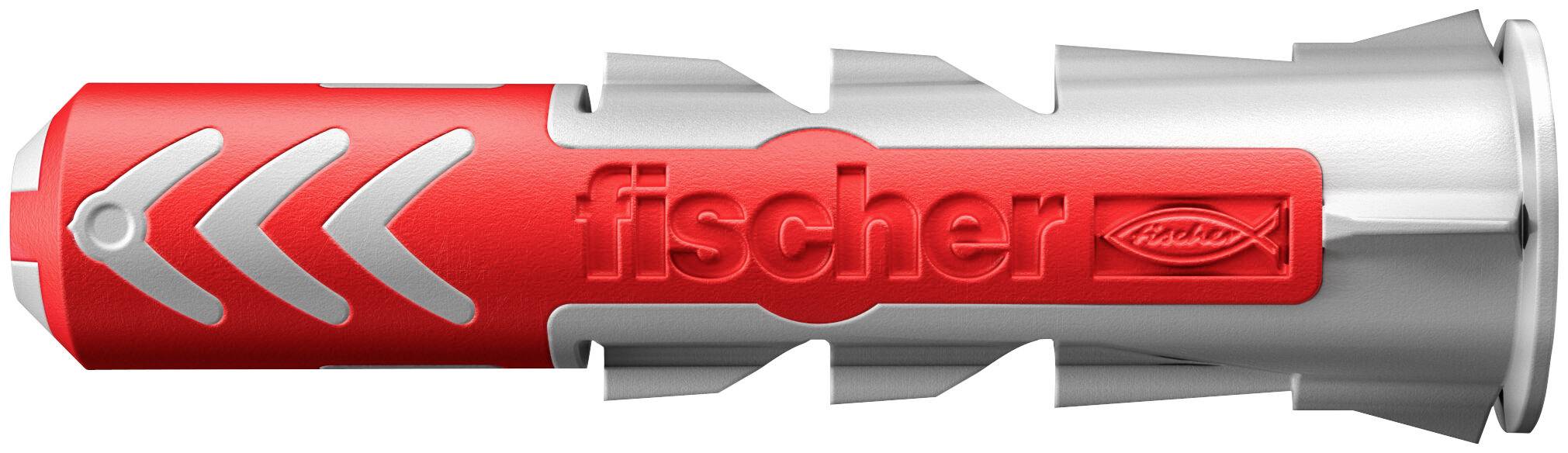 Roter Fischer-Kunststoffdübel mit Metallhülse, in Seitenansicht dargestellt.