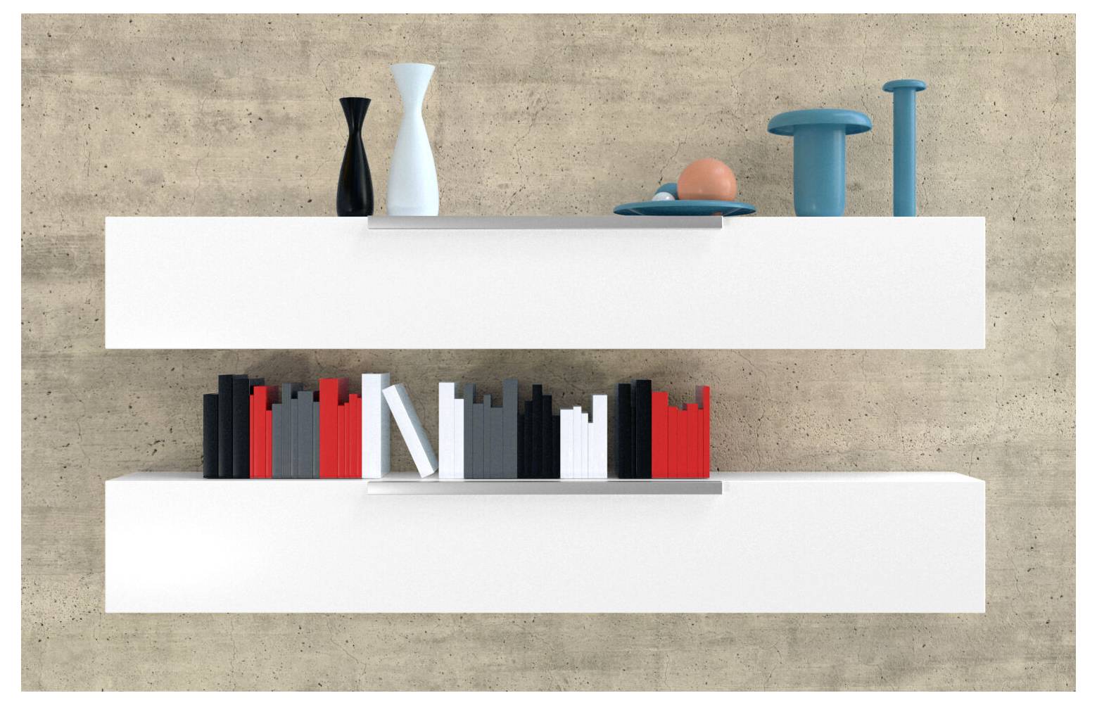 Moderne Wandregale mit Büchern und dekorativen Vasen vor einer strukturierten Betonwand, die minimalistische Wohnungsdekoration suggeriert.