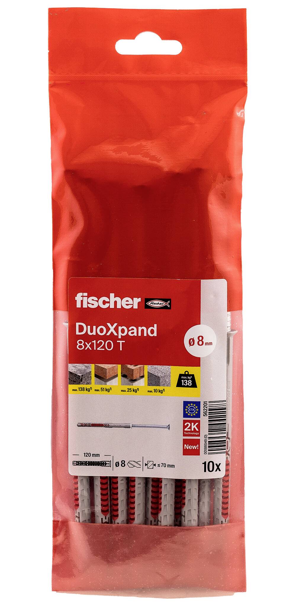 Red Fischer DuoXpand 8x120 T Wanddübel-Set mit 10 Dübeln und Schrauben in durchsichtiger Hängeverpackung.