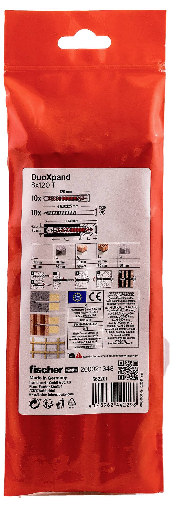 Red Fischer DuoXpand Befestigungspaket, mit der Bezeichnung „DuoXpand 8x120", mit Produktdetails, Installationsdiagramm, CE-Kennzeichnung und Barcode.