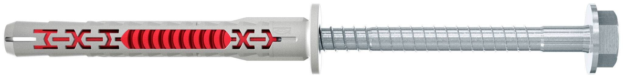 Illustration eines Metallbefestigungsstifts mit einer roten Spulenmitte, schaftgewinde und Sechskantköpfchen, horizontal auf weißem Hintergrund dargestellt.