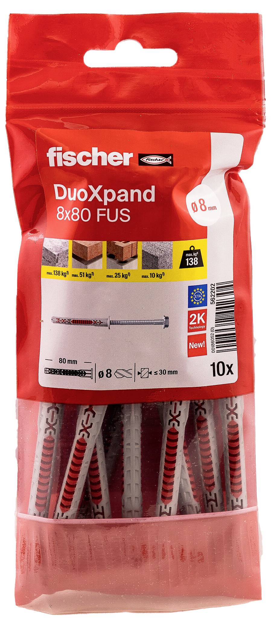 Verpackung für Fischer DuoXpand 8x80 FUS Wandanker, rote wiederverschließbare Tasche mit transparentem Fenster, die 10 Anker zeigt.