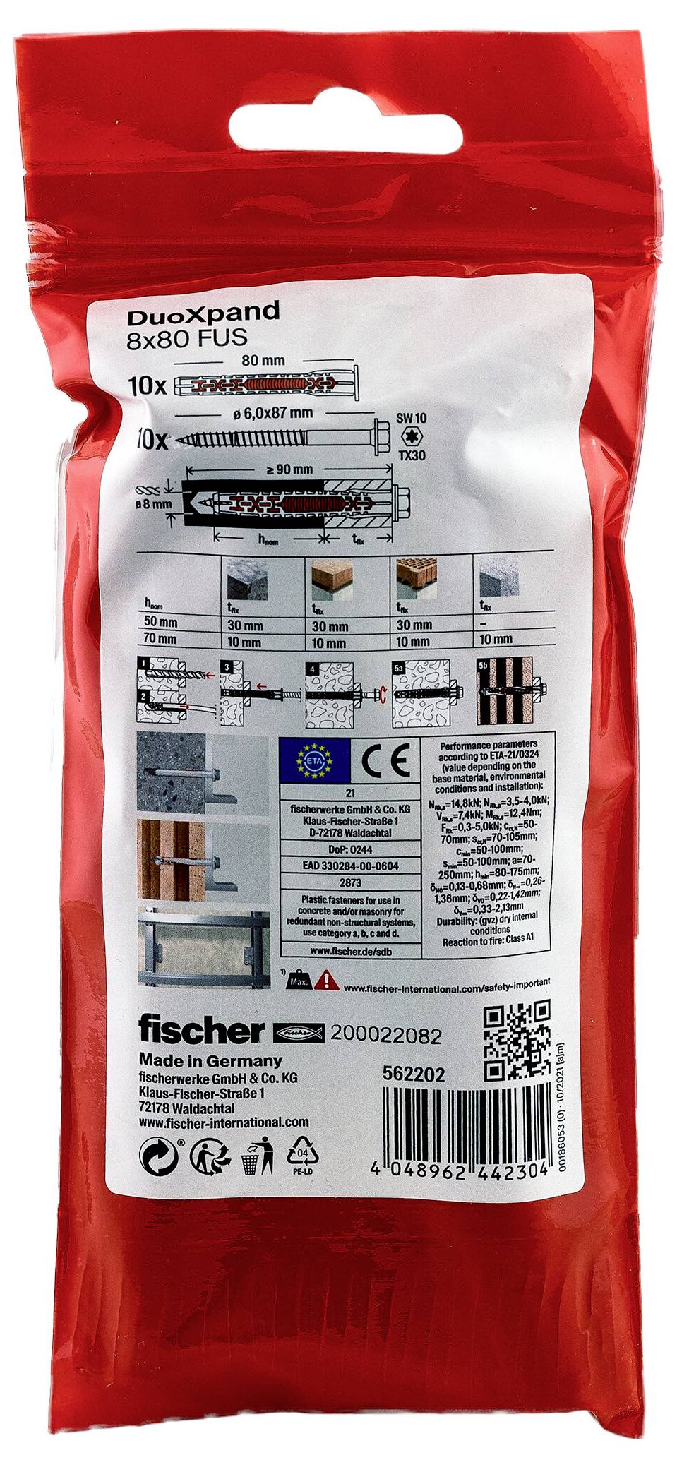 Rot Fischer Duopand 8x80 Wanddübel-Packung mit Produktetikett, Abmessungen, Installationsdiagrammen und QR-Code.
