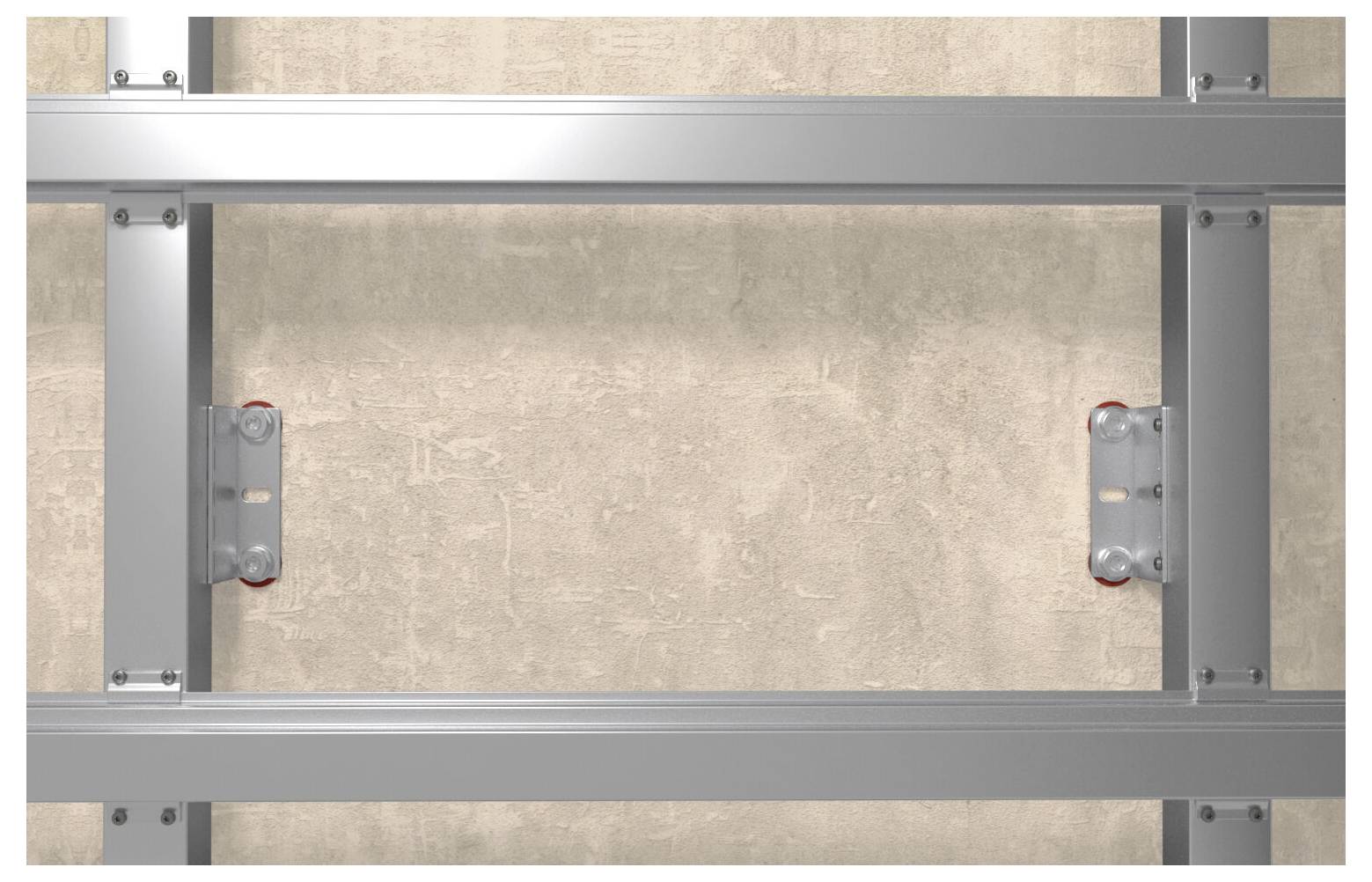 Nahaufnahme eines an der Wand befestigten Metallrahmens mit horizontalen und vertikalen Schienen, die durch Halterungen und Bolzen verbunden sind.