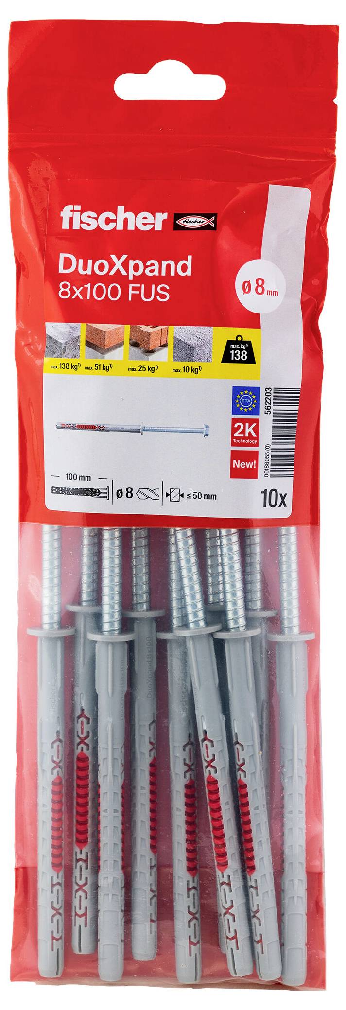 Red Fischer DuoXpand 8x100 FUS Wandanker-Pack mit 10 silbernen Ankern im transparenten unteren Bereich.