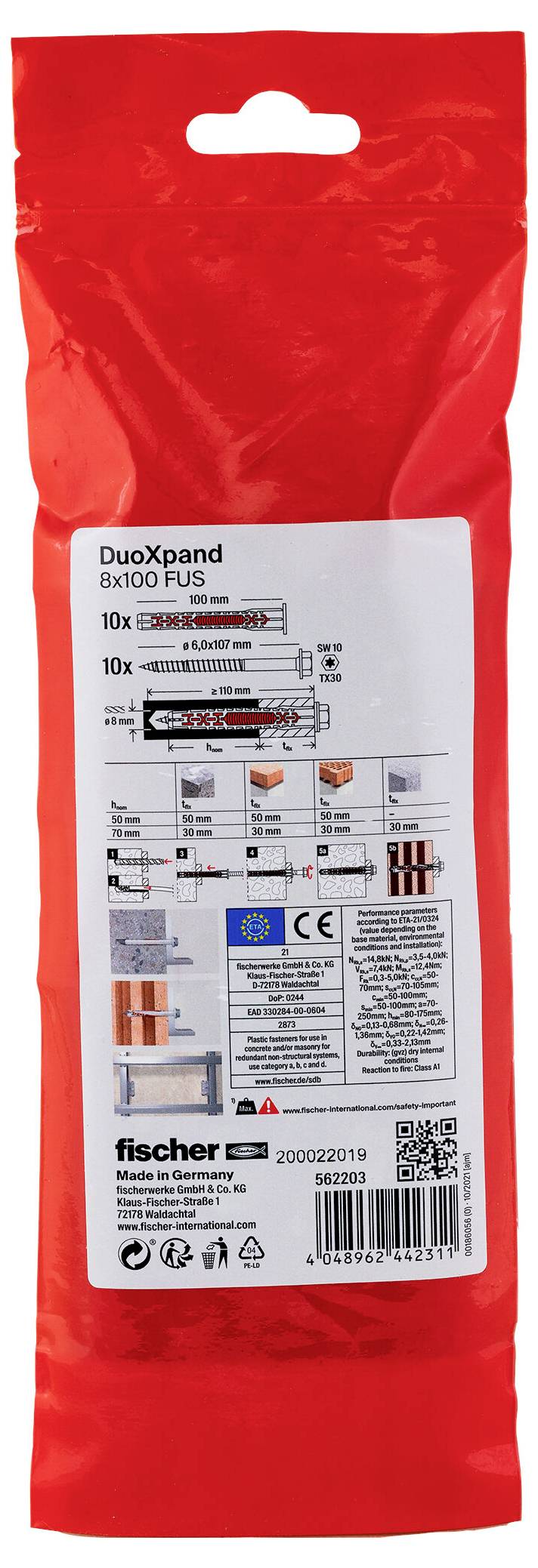 Red Fischer DuoXpand 8x100 FUS Wanddübel Packung mit illustriertem Produktetikett und technischen Spezifikationen.