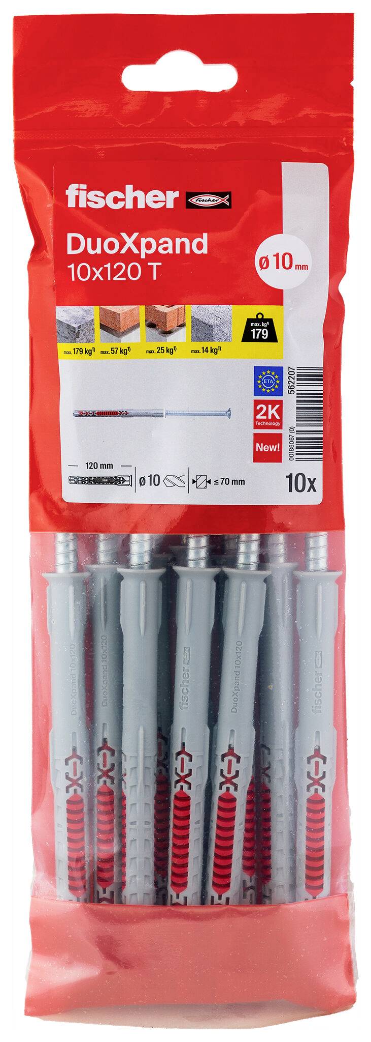 Packung Fischer DuoXpand 10x120 T Wandanker, rot und durchsichtige Tasche mit 10 Metallexpansionsankern im Inneren.