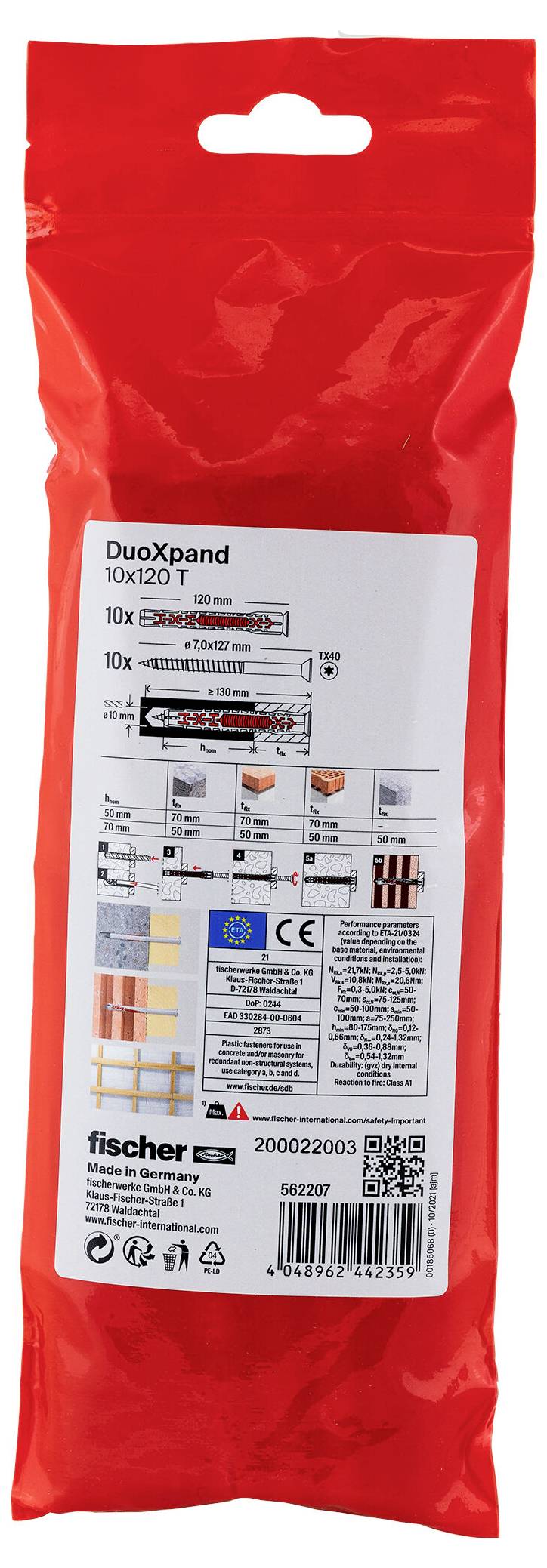 Rot Fischer DuoXpand 10x120 T Kunststoffanker-Packung mit Produktetikett und technischem Installationsdiagramm