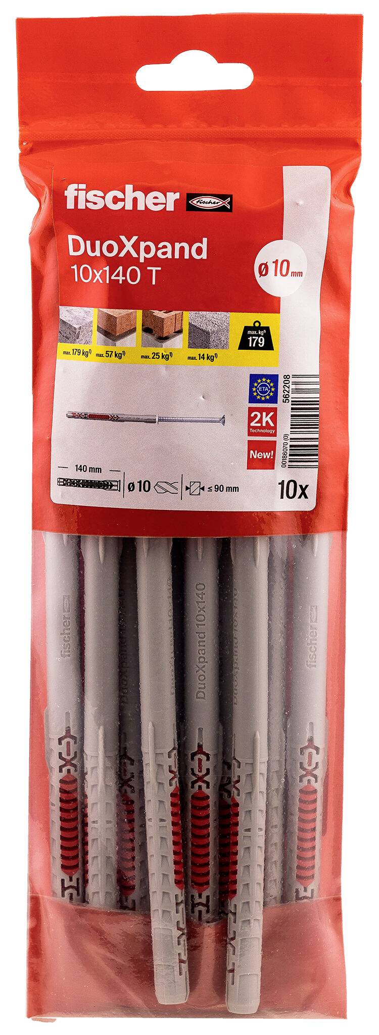 Packung mit fischer DuoXpand 10x140 T Wanddübeln, zeigt 10 graue Dübel in einer roten Einzelhandelverpackung mit durchsichtiger Vorderseite.