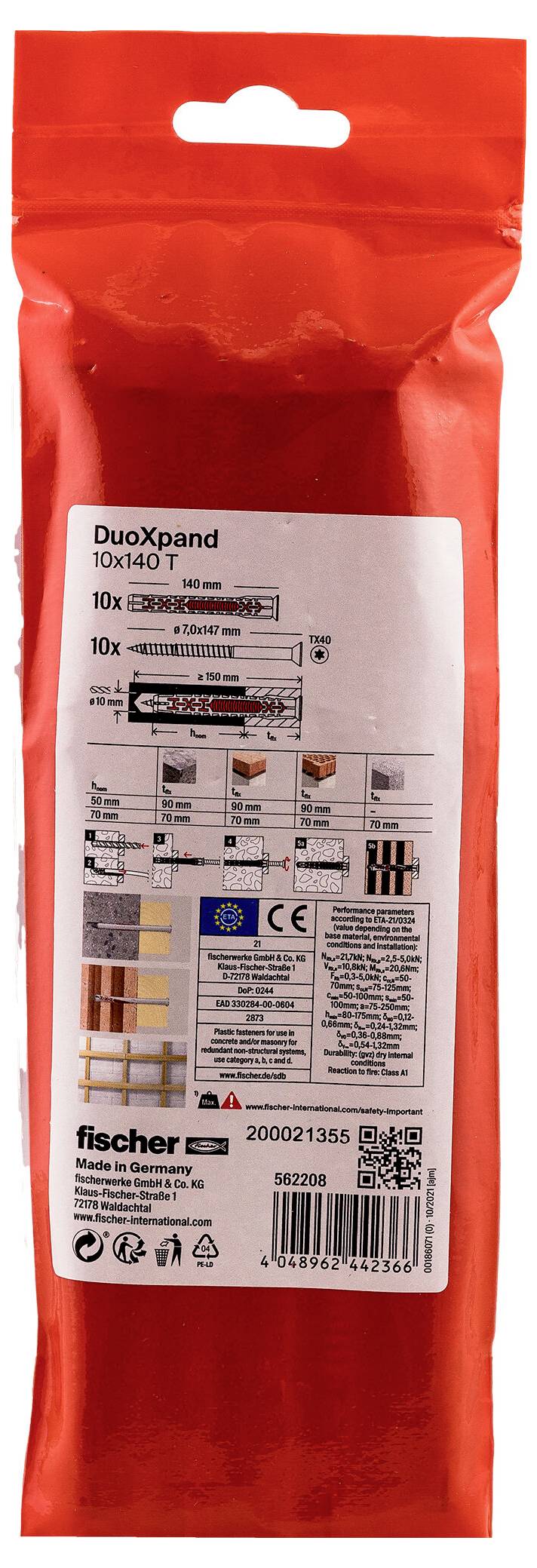 Red Fischer DuoXpand 0X14D Ankerbefestigungspaket mit Produktdetails und Barcode auf dem Etikett.