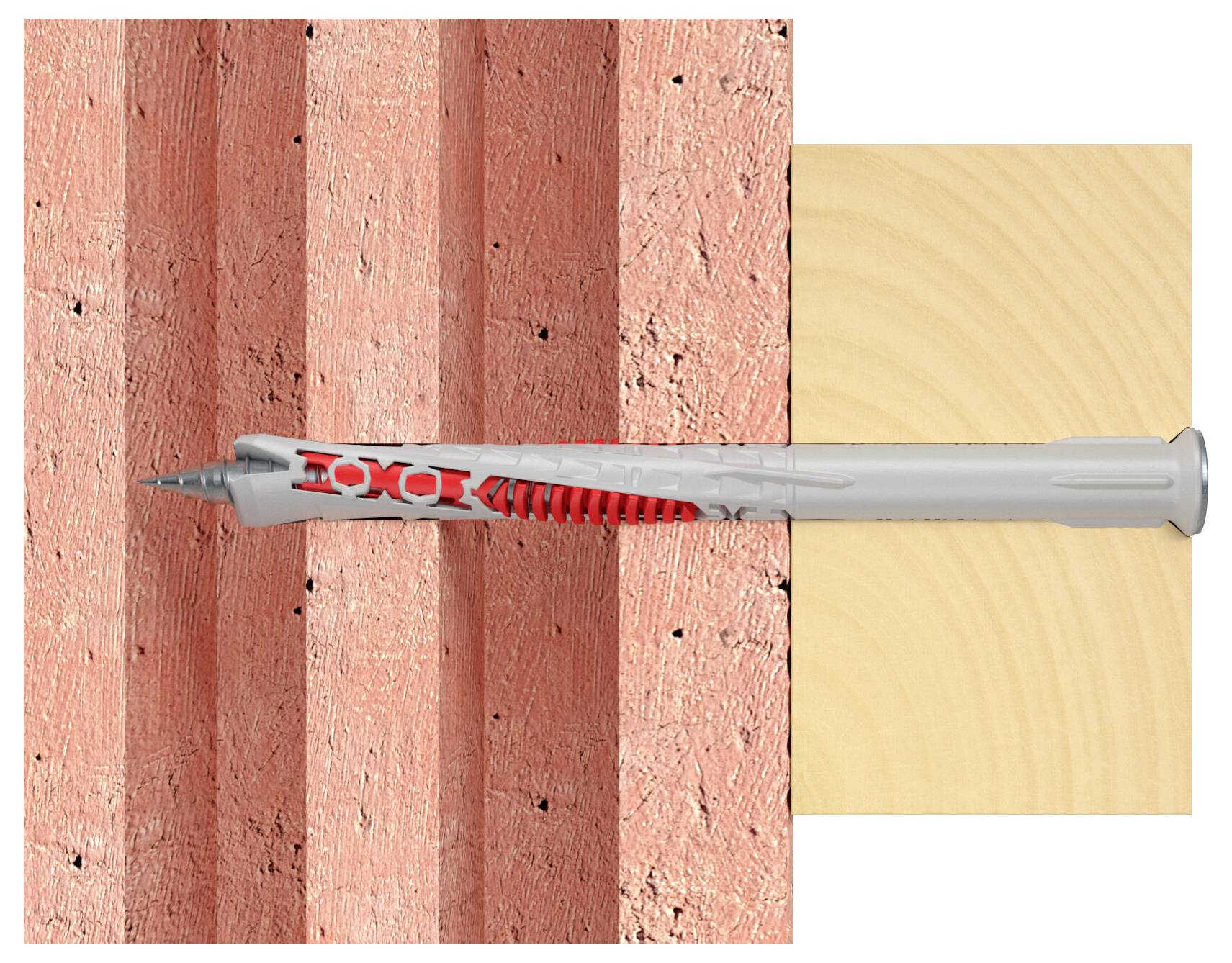 Metallschraube zur Befestigung von Holz an einer roten Ziegelmauer, zeigt einen Querschnitt der Verbindung.