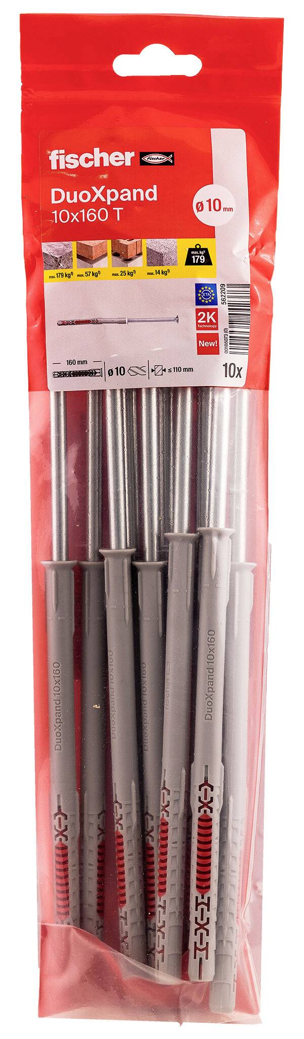Paket fischer DuoXpand 10x160 T Wandanker, 10 Stück, in roter und transparenter Einzelhandelsverpackung.