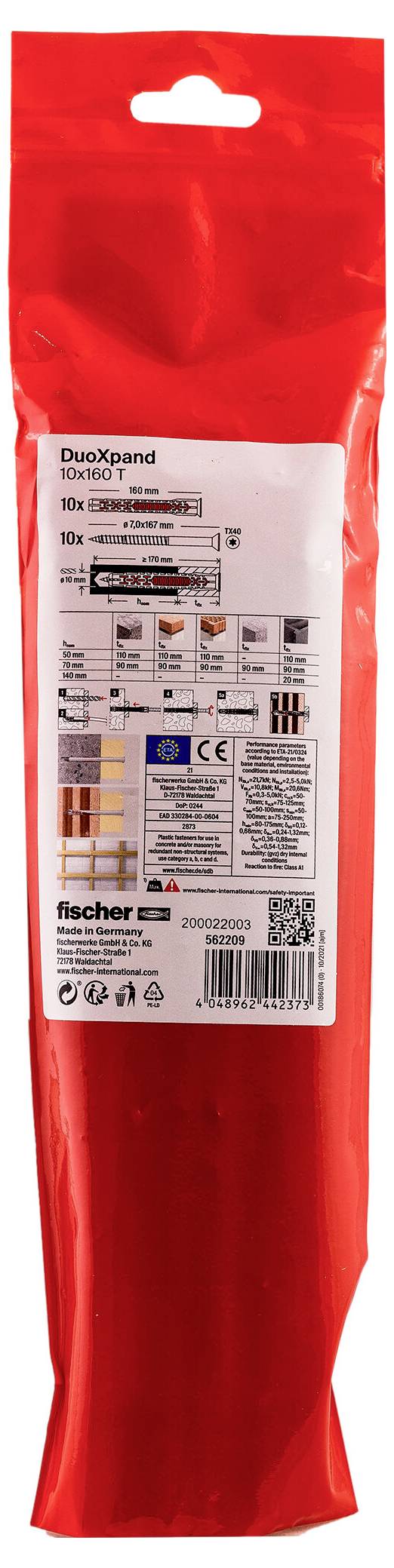 Rot Fischer DuoXpand Wanddübel-Paket mit Produktetikett und technischen Details auf der Vorderseite.