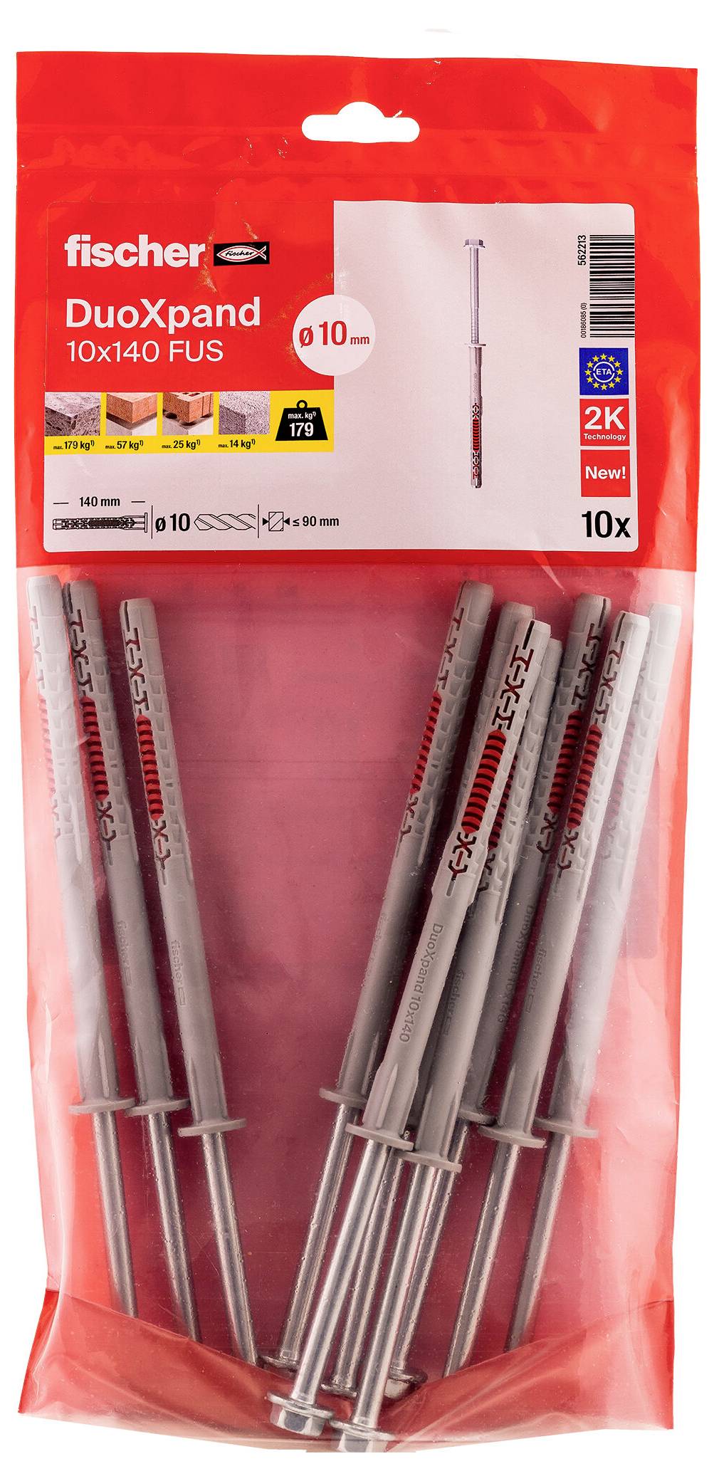 Packung Fischer DuoXpand 10x140 FUS Wandanker, 10 Stück, gezeigt in einer roten Einzelhandelstasche mit Metallanker sichtbar im Inneren.