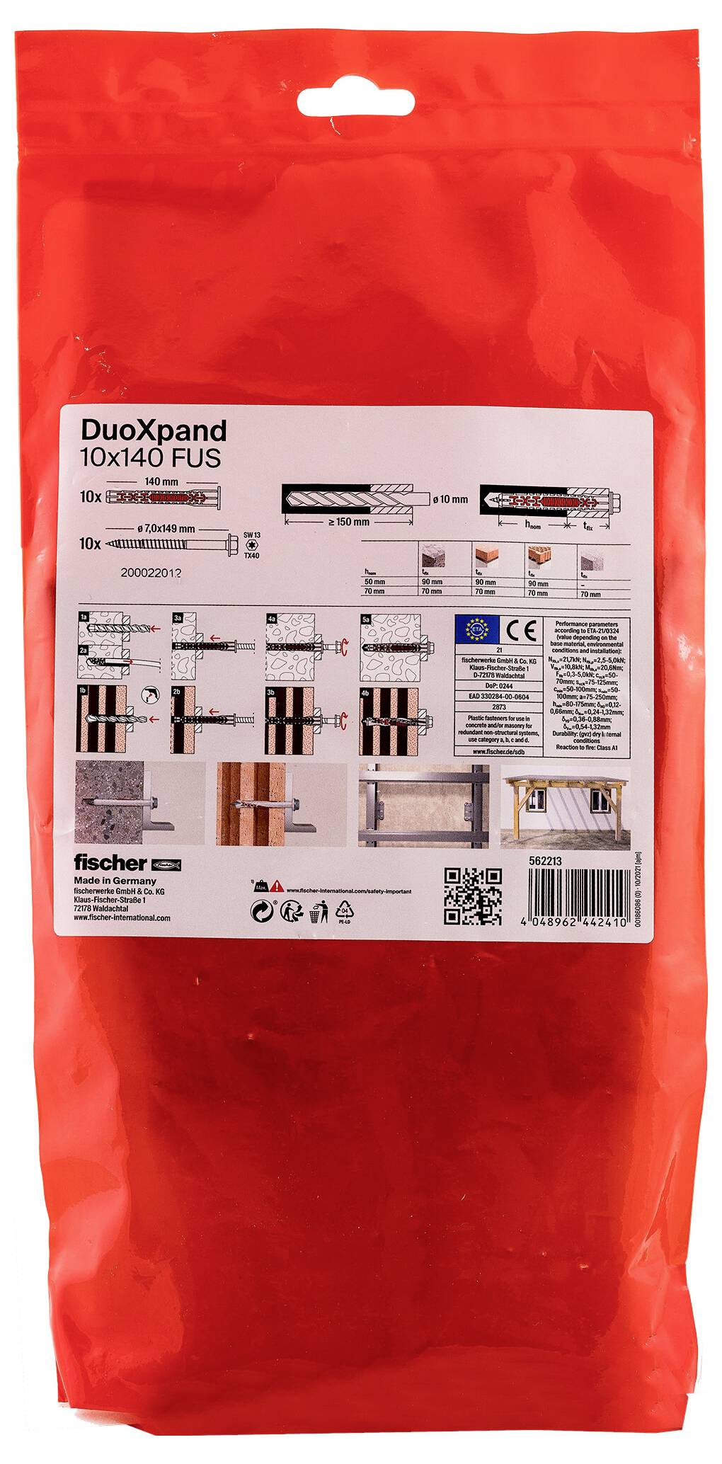 Red Fischer DuoXpand 10x140 FUS Wanddübel-Paket mit Produktetikett, das Installationsdiagramme und Barcode zeigt.