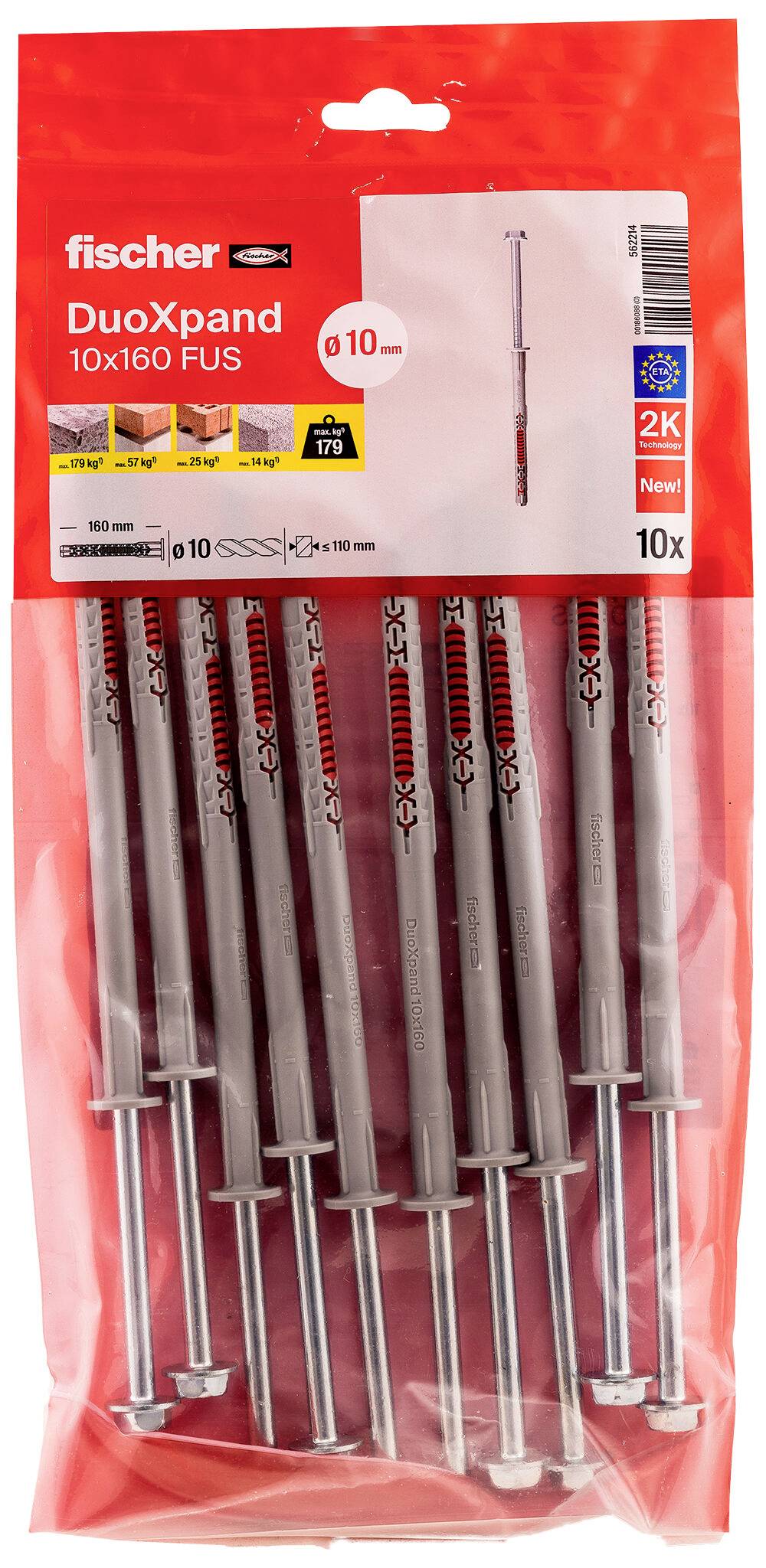 Packung Fischer DuoXpand 10x160 FUS Wanddübel, 10er-Pack, mit Metalldübeln in roter Blisterverpackung.
