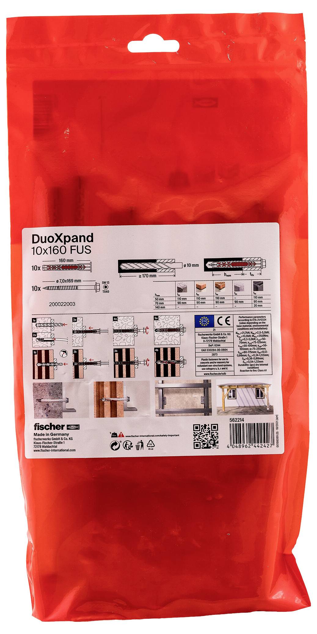 Rote Kunststofftasche mit Fischer DuoXpand 10x160 FUS Wanddübeln, mit Produktetikett und technischen Installationsdiagrammen.